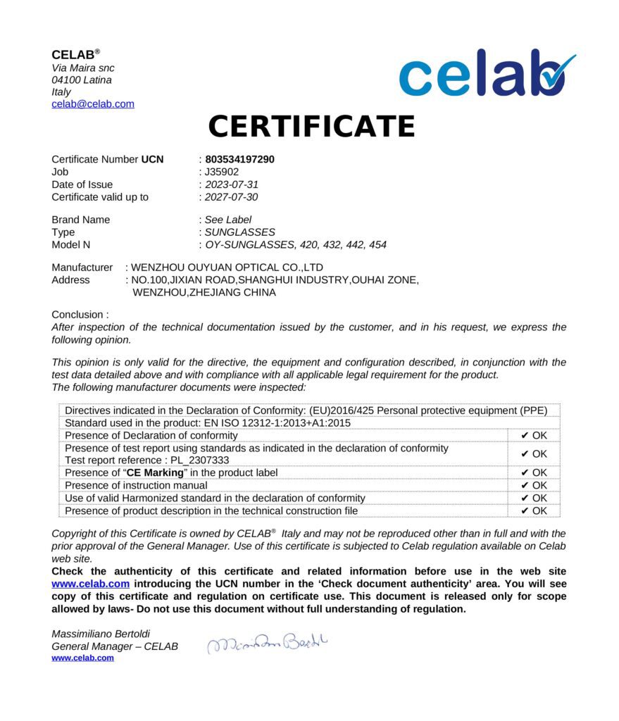 CELAB, OUYUAN, EYEWEAR, SUNGLASSES, CERTIFICATE