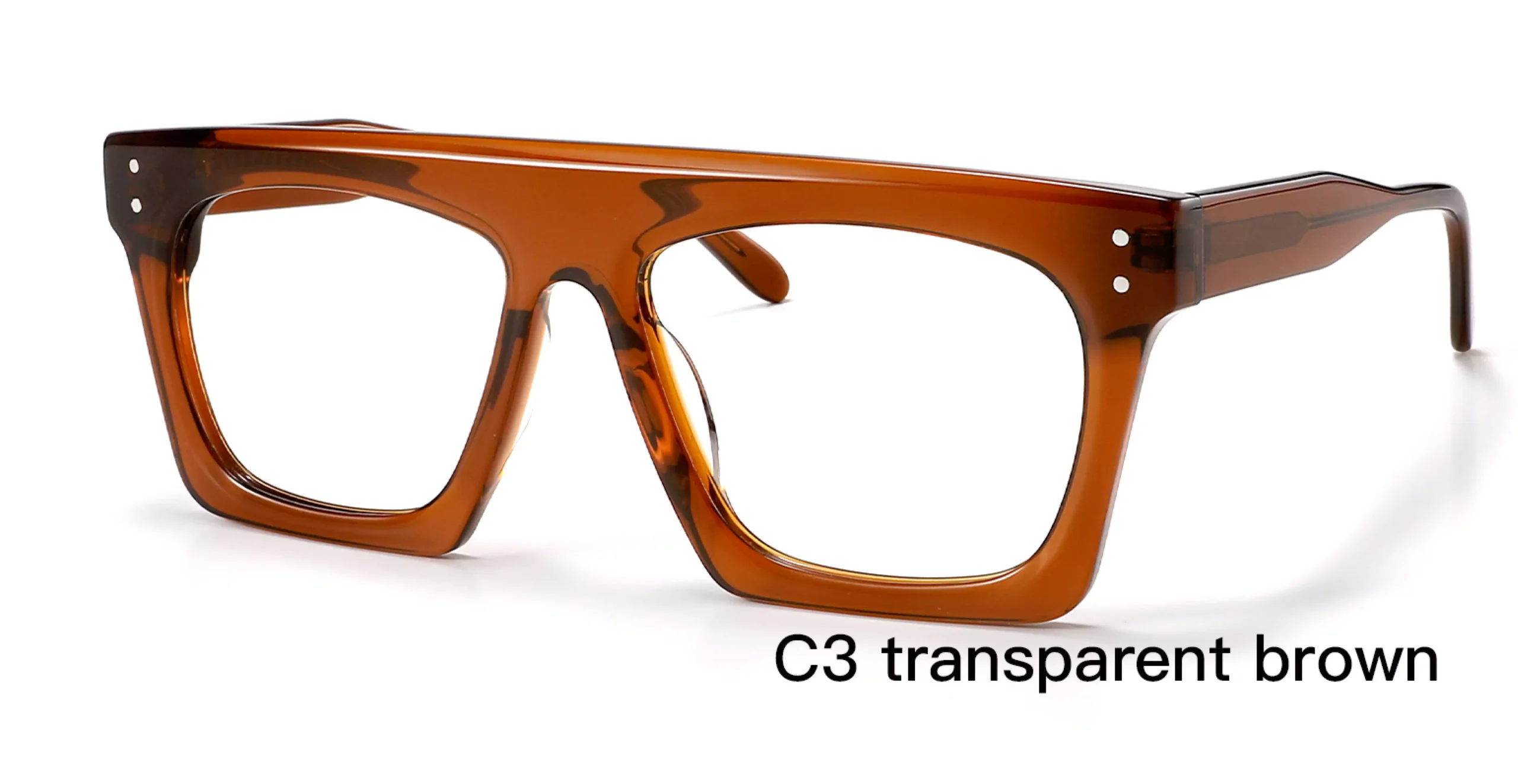 wholesale, hipster, square prescription, glasses frames, transparent brown, round rivets, 45 degree display