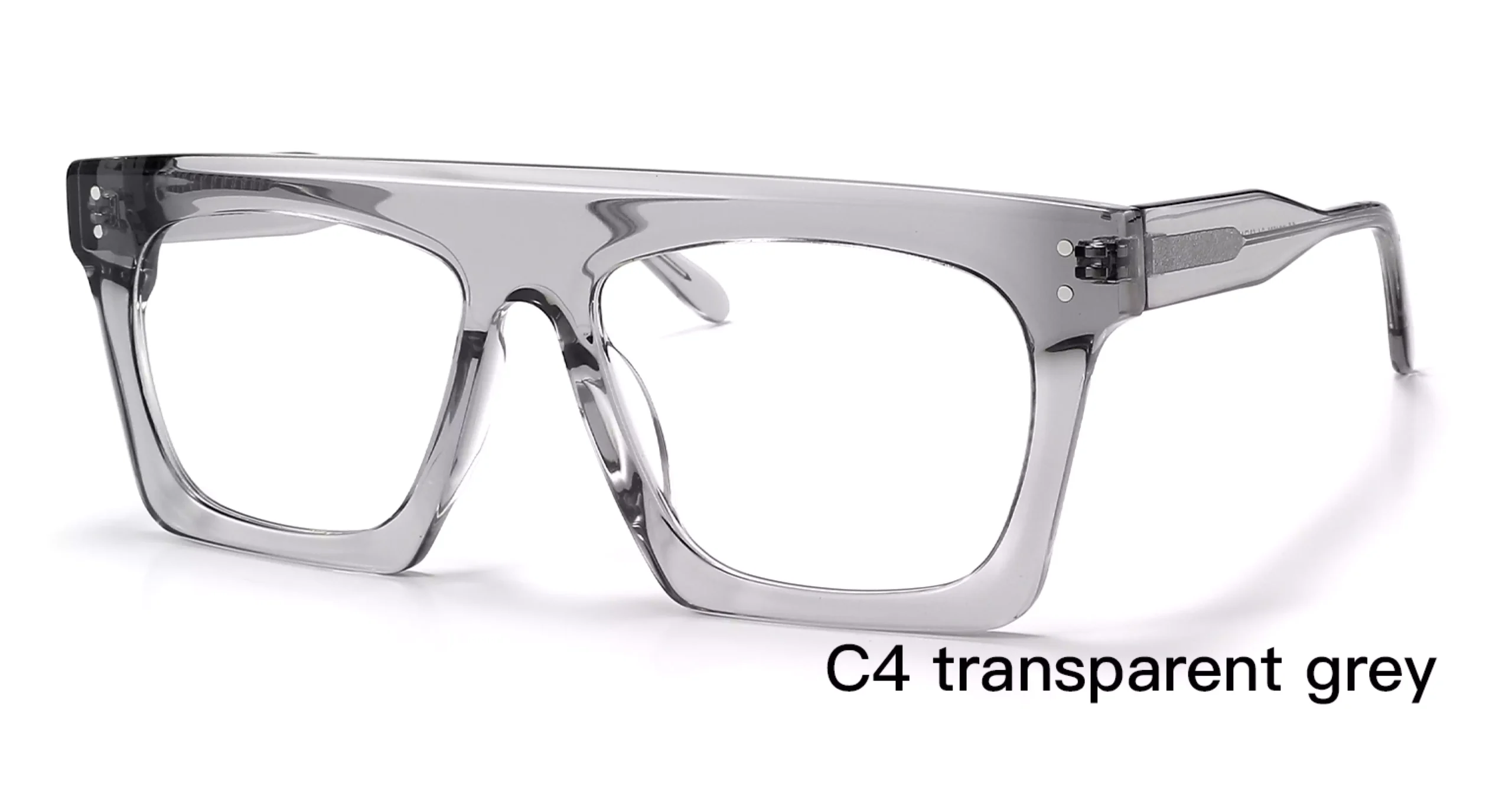 wholesale, hipster, square prescription, glasses frames, transparent grey, round rivets, 45 degree display