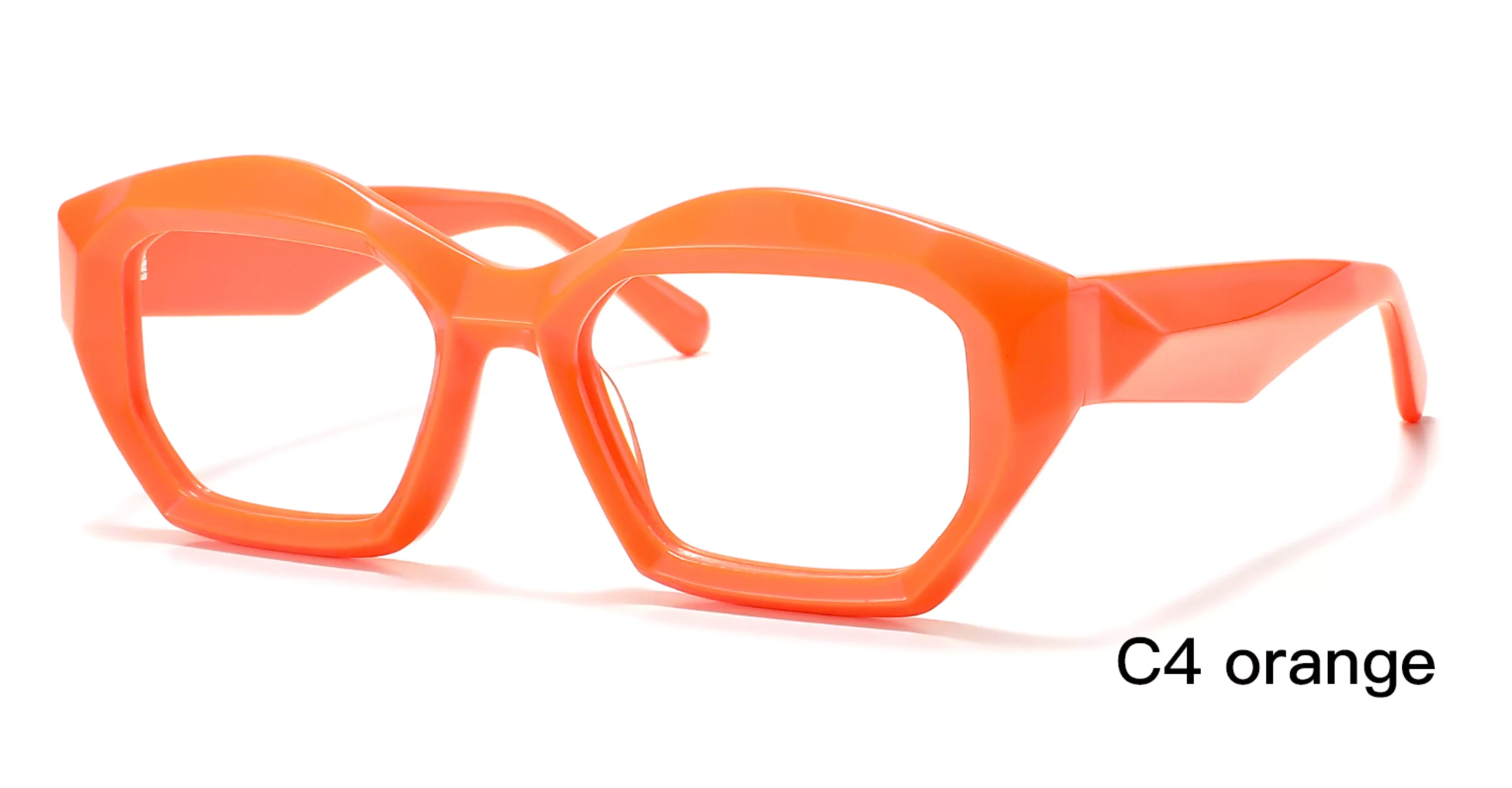 orange glasses, wholesale, brand replica, geometric and stereoscopic frame, thick rimmed, made in China, 45 degree display