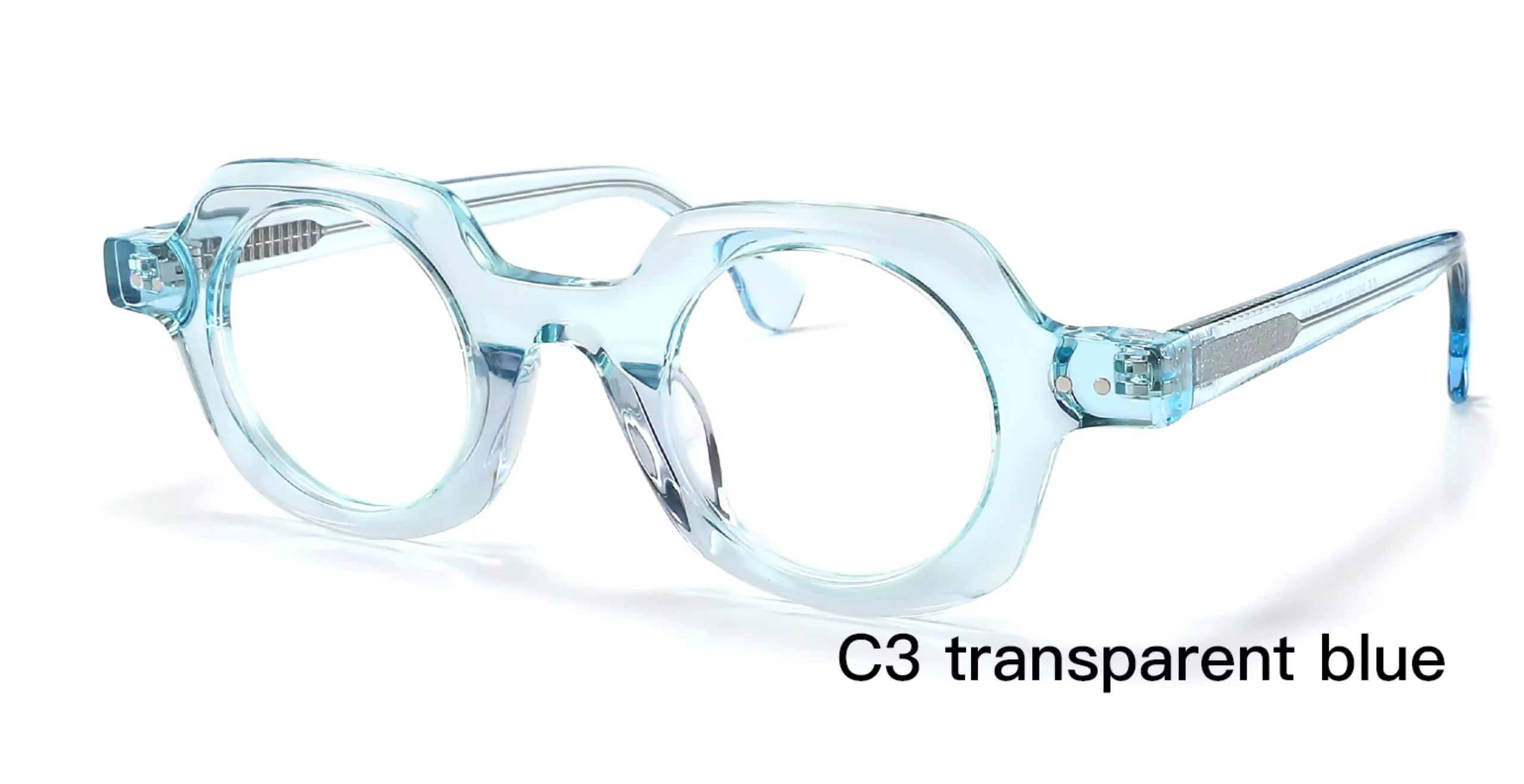 wholesale round glasses frames, thick rimmed, round rivets, transparent blue, frosted wire core, made in Wenzhou Zhejiang