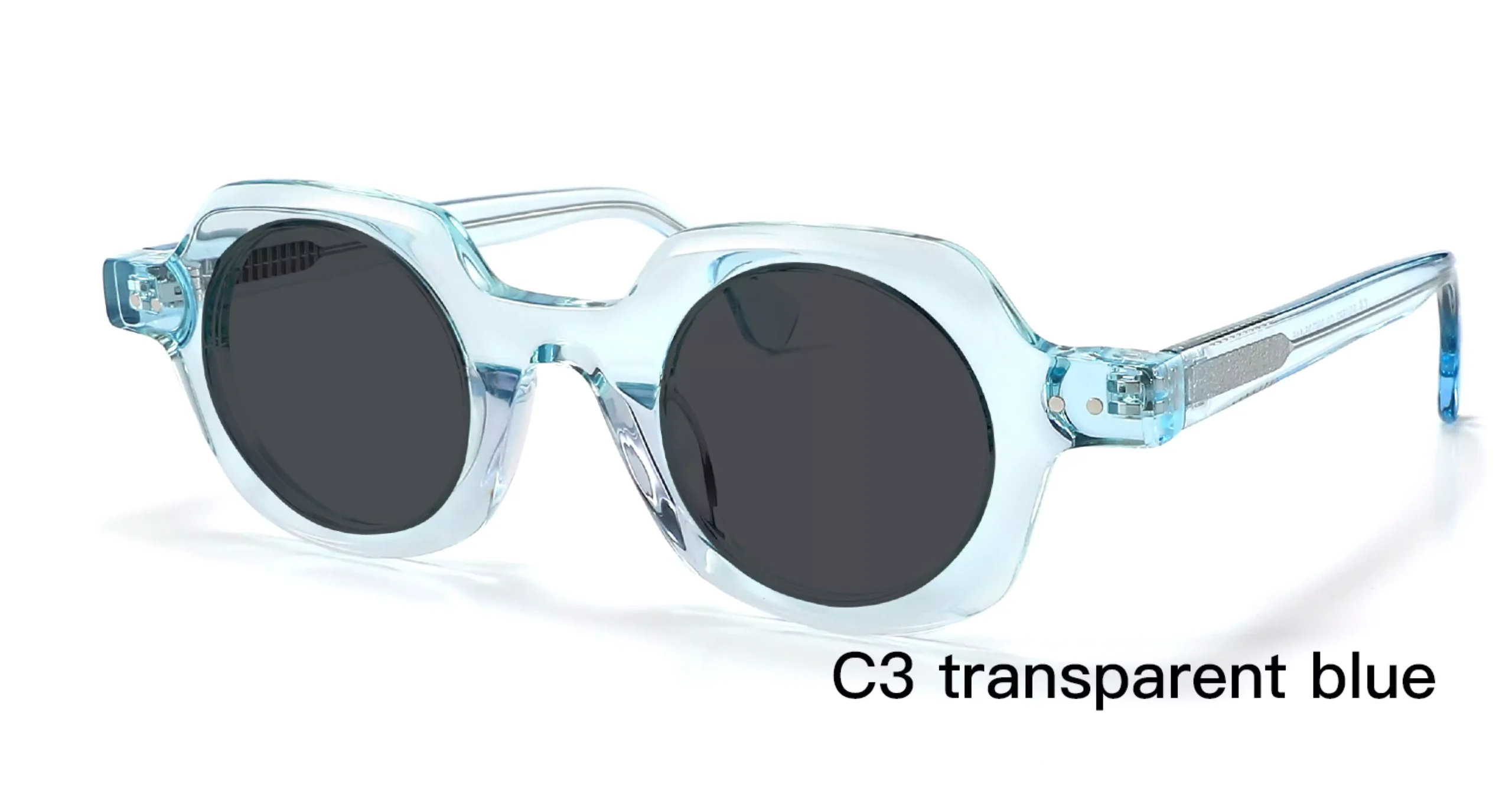 wholesale sunglasses, suitable for women, thick rimmed, round rivets, round lens, transparent blue, frosted wire core