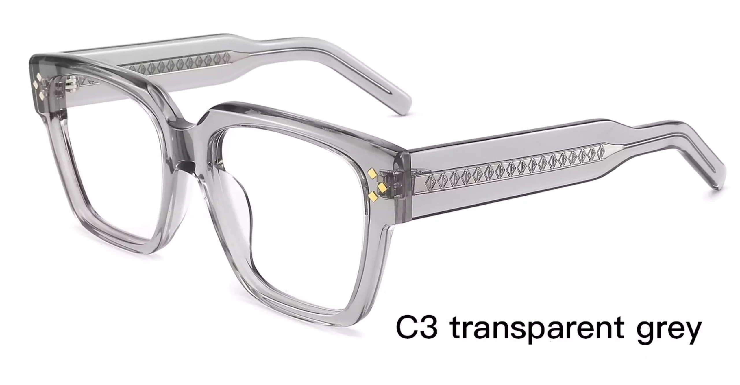 diamond rivet, square, transparent grey, laser engraved wire core, acetate, women's glasses frames, wholesale product