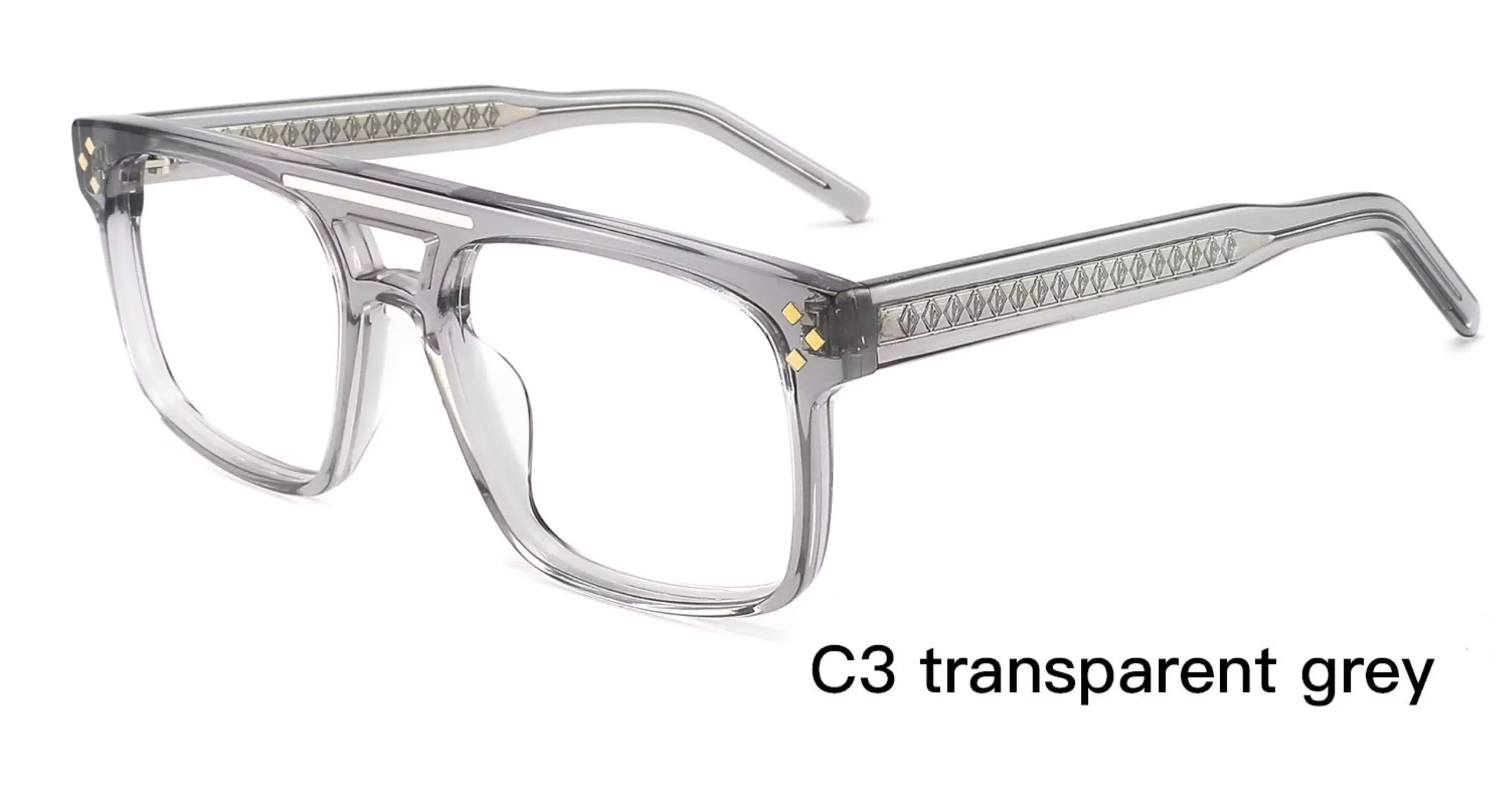 Transparent Grey, square, diamond rivets, laser engraved, wire core, women's glasses, acetate, square, wholesale