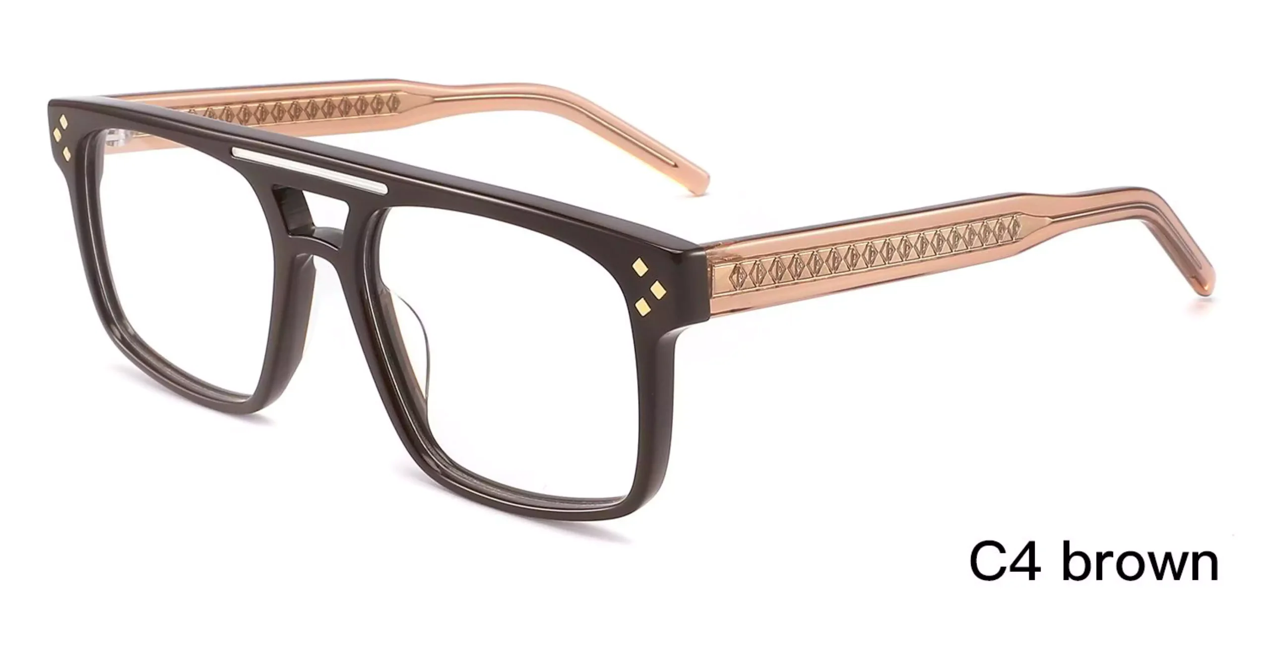 square, double bridge glasses frames, women, brown, transparent pink, wire cores, laser engraved, metal inlay
