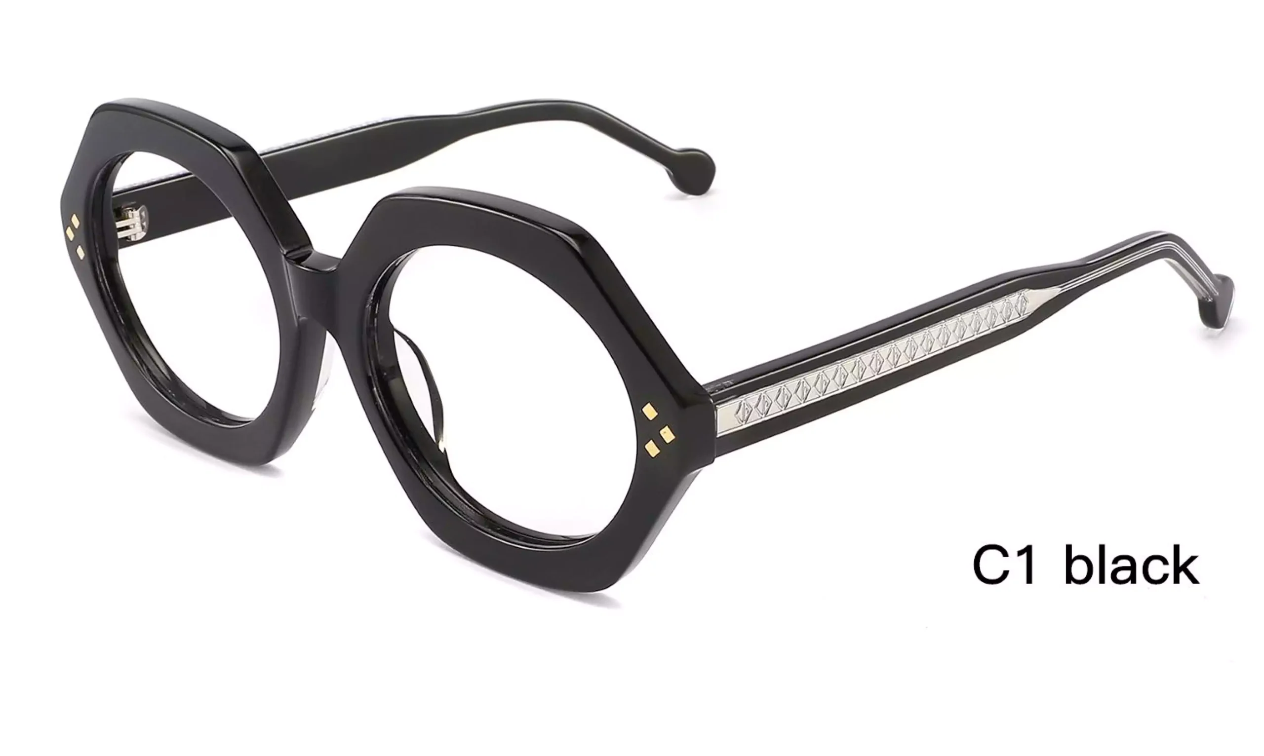 geometric eyeglass, solid black, diamond rivets, laser engraved wire core, thick, suitable for women