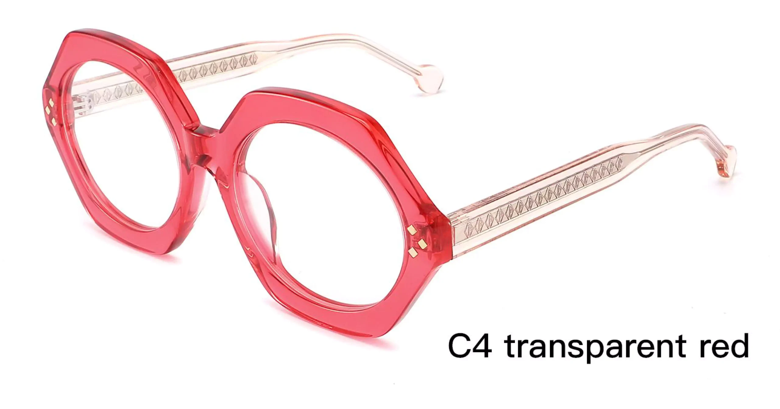 front frame transparent red, temple transparent pink, geometric eyeglass, laser engraved, wire core, diamond rivets, made in China