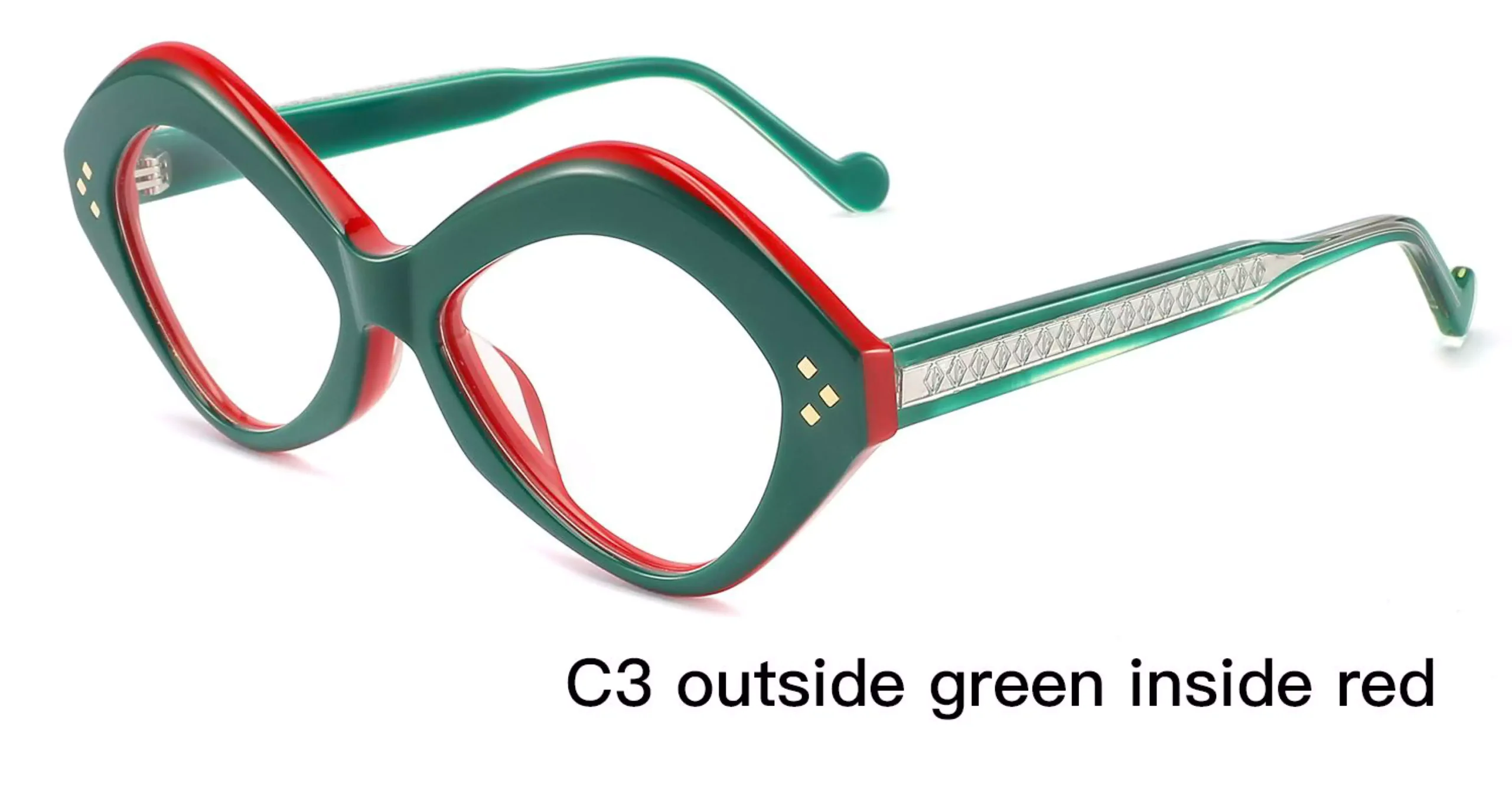 front frame dark green, back frame red, diamond rivets, acetate, women's frames, thick temple, wire core, acetate