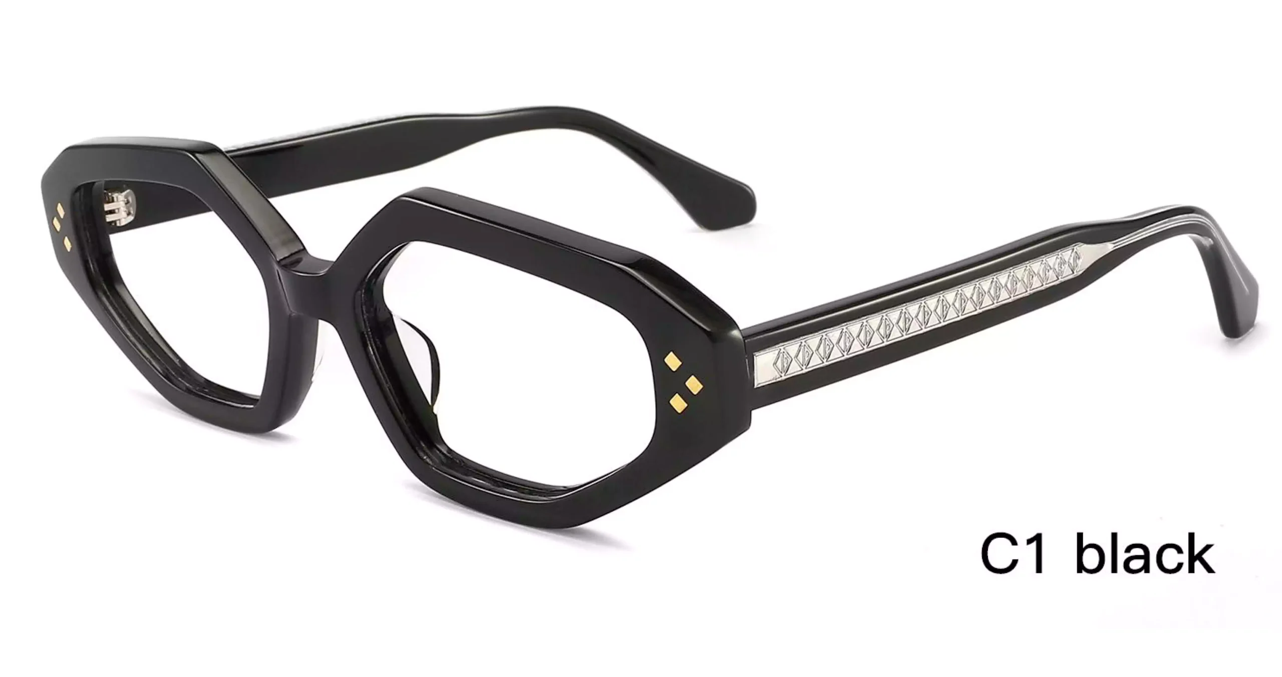 geometric glasses, women's frames, solid black, thick frames, laser engraved wire core