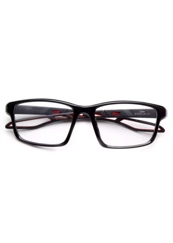 children's glasses frame, removable, rectangle, black front frame, black/red temple, TR material, Skeletonized Eyeglass Arms