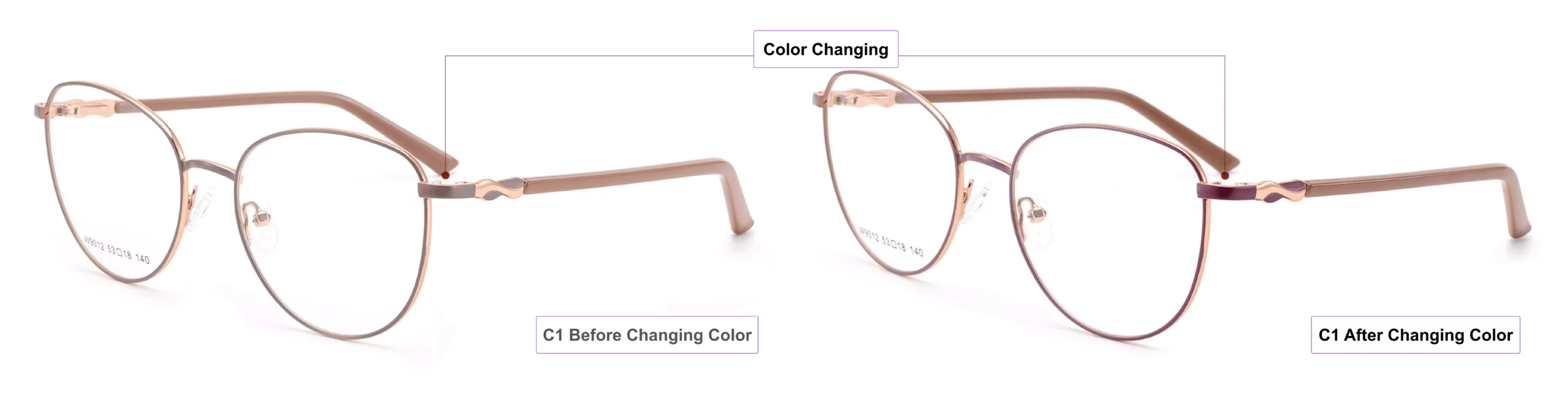 Color Changing Glasses Frames, process of glasses color changing, brown,magenta purple,pink gold