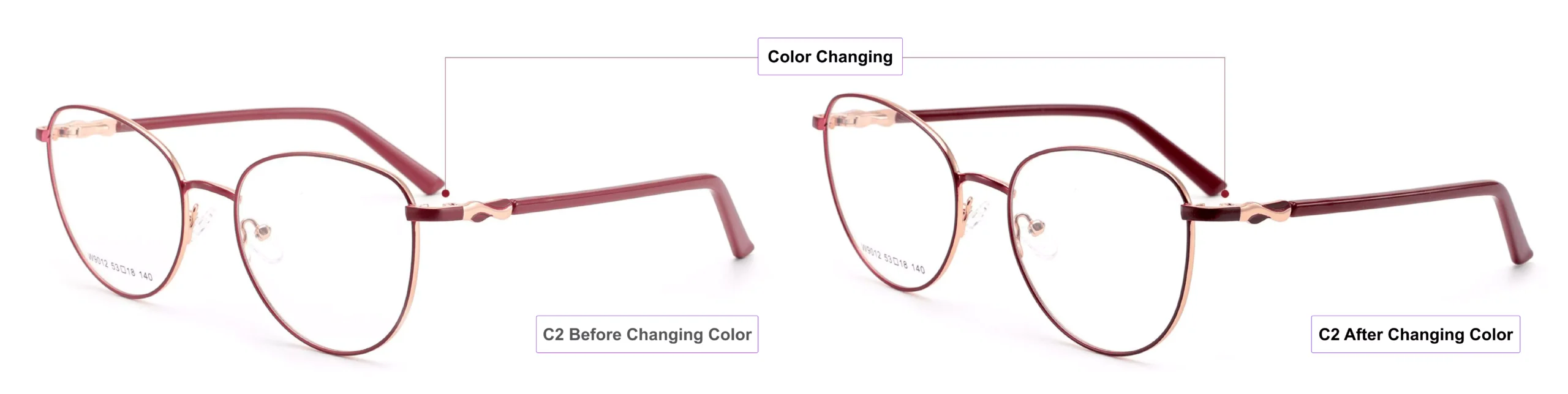 Color Changing Glasses Frames, process of glasses color changing, pink gold, crimson, dark red