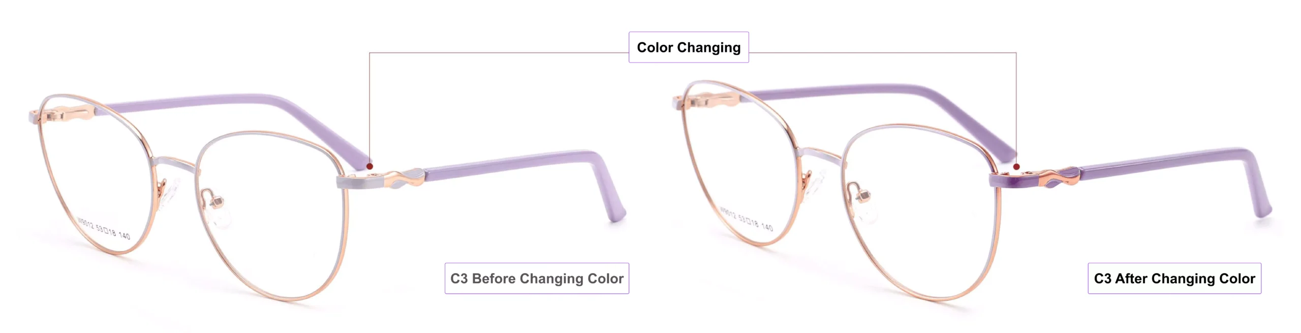 Color Changing Glasses Frames, process of glasses color changing, petal pink,mist violet, gold