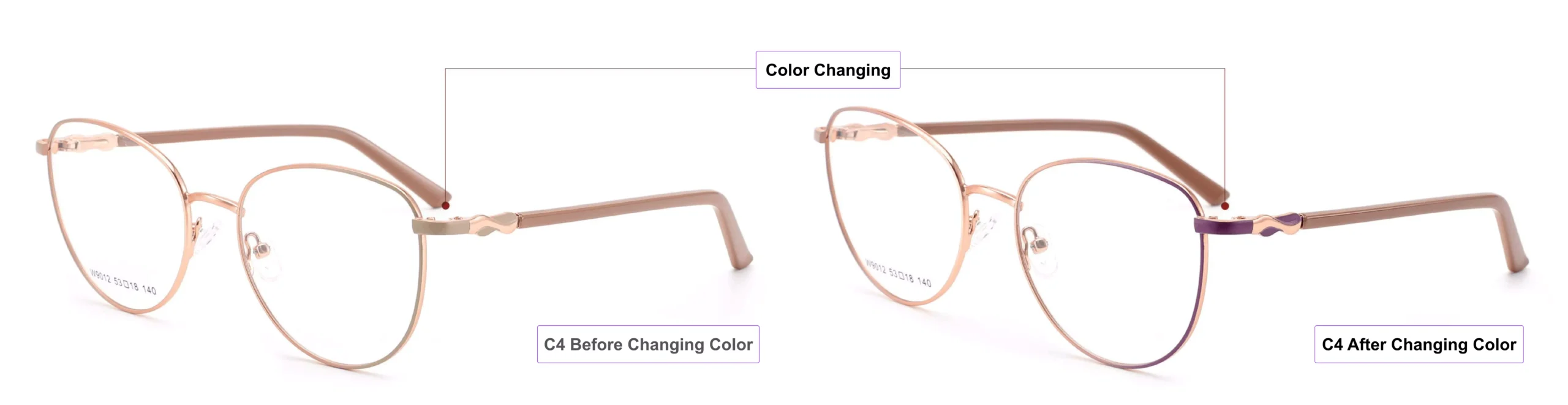 Color Changing Glasses Frames, brown, khaki, purple, gold, process of glasses color changing