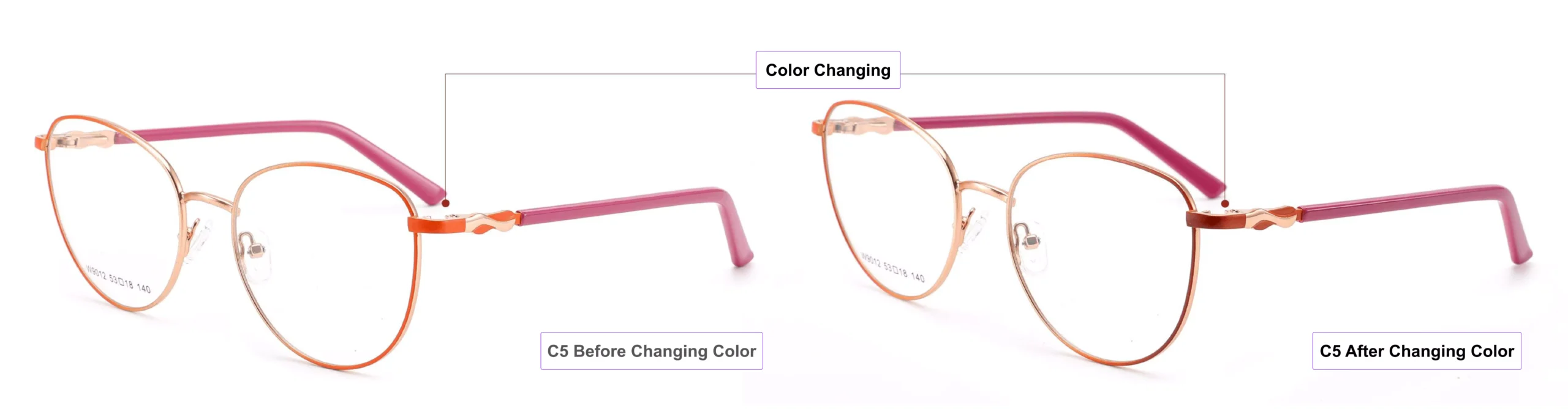 Color Changing Glasses Frames, orange, pink gold, bright red, burgundy, process of glasses color changing