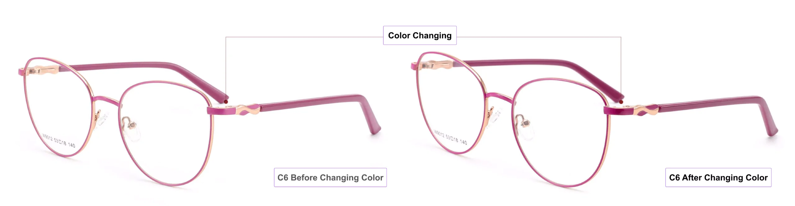 Color Changing Glasses Frames, pink gold, violet, shock pink, process of color changing