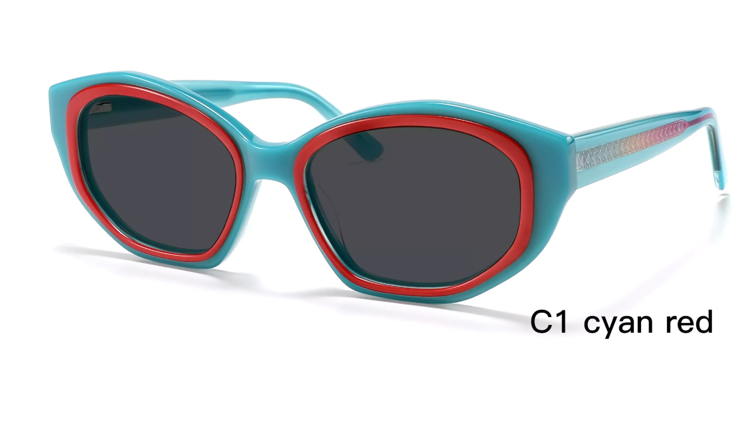 geometric, gradient temple, sunglasses, acetate, cyan red, 45 degree display, wholesale from China