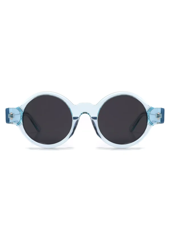 Japanese sunglasses, designer design, acetate, round rivets, round, transparent blue, black lens, front display, wholesale