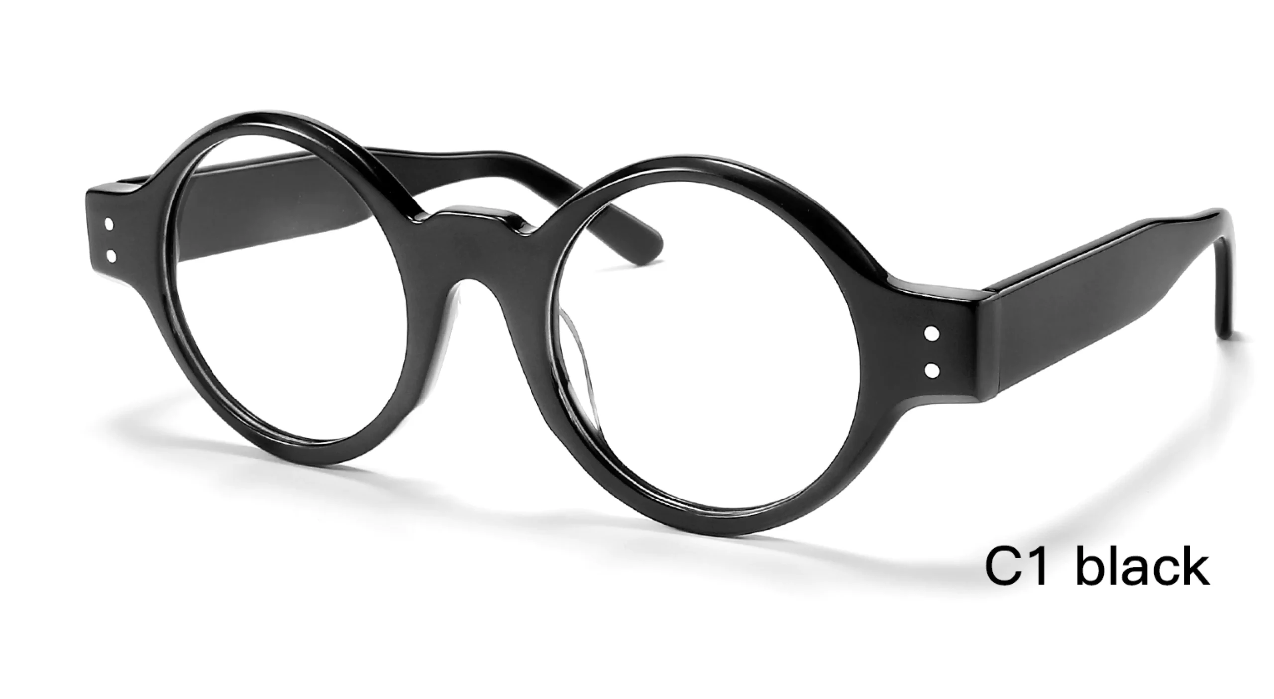 Japanese glasses frames, designer design, acetate, round rivets, round, black, 45 degree display, made in Wenzhou, China