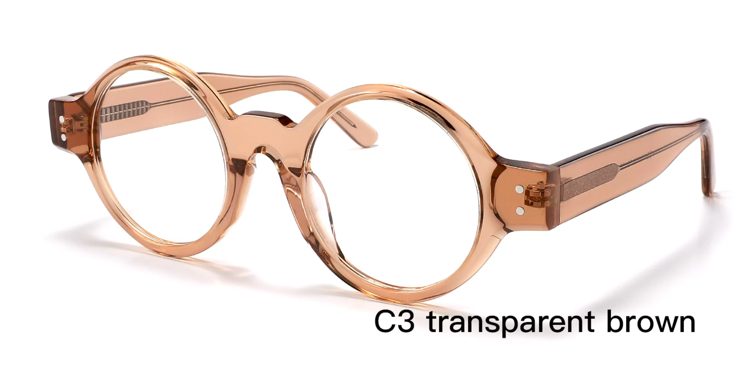 Japanese glasses frames, designer design, acetate, round rivets, round, transparent brown, frosted wire core, 45 degree display, made in Wenzhou, China