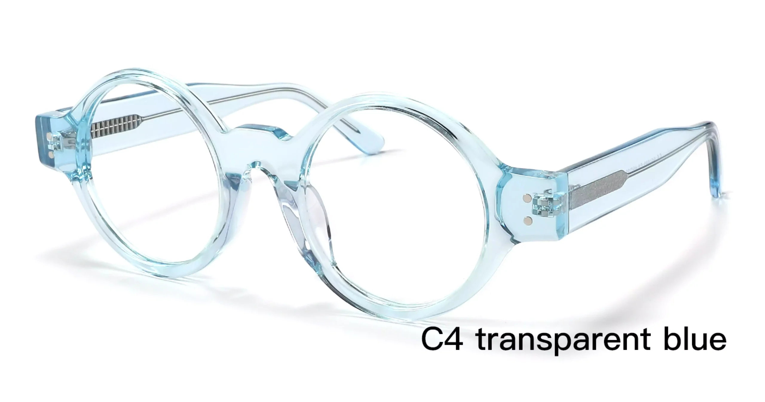 Japanese glasses frames, designer design, acetate, round rivets, round, transparent blue, frosted wire core, 45 degree display, made in Wenzhou, China