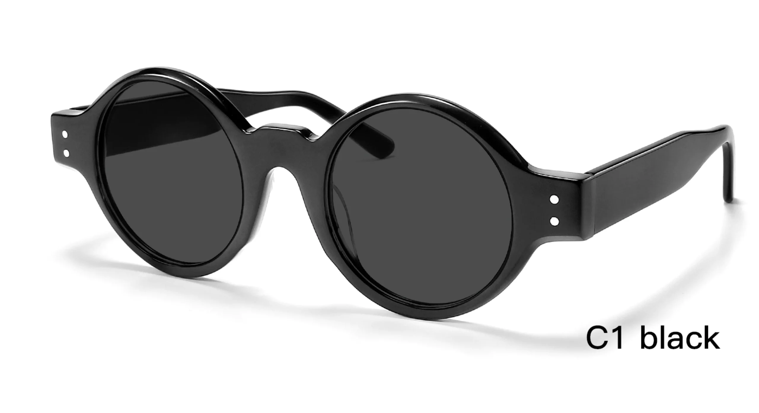 Japanese sunglasses, designer design, acetate, round rivets, round, black, black lens, 45 degree display, wholesale