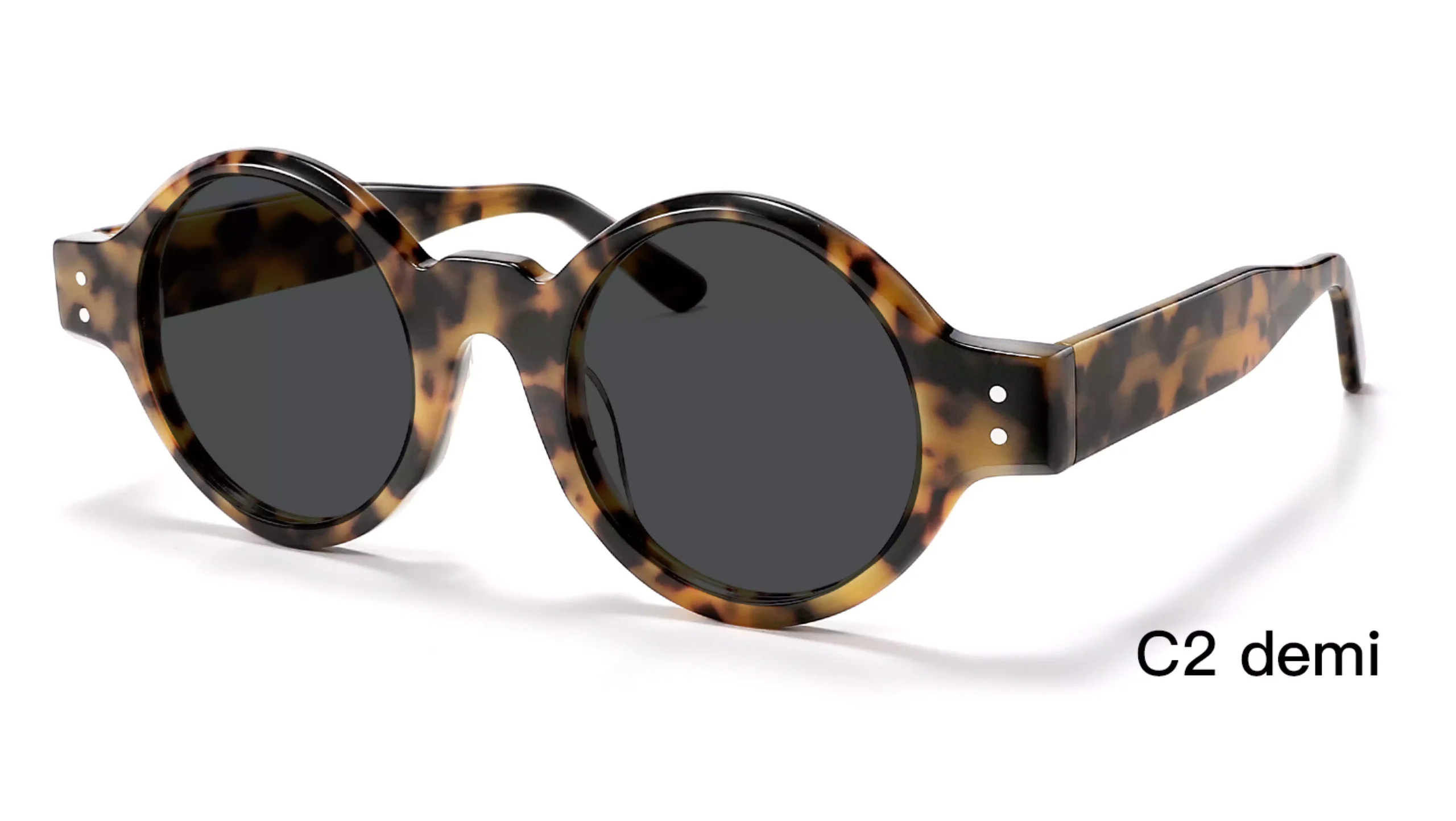 Japanese sunglasses, designer design, acetate, round rivets, round, tortoise, black lens, 45 degree display, wholesale
