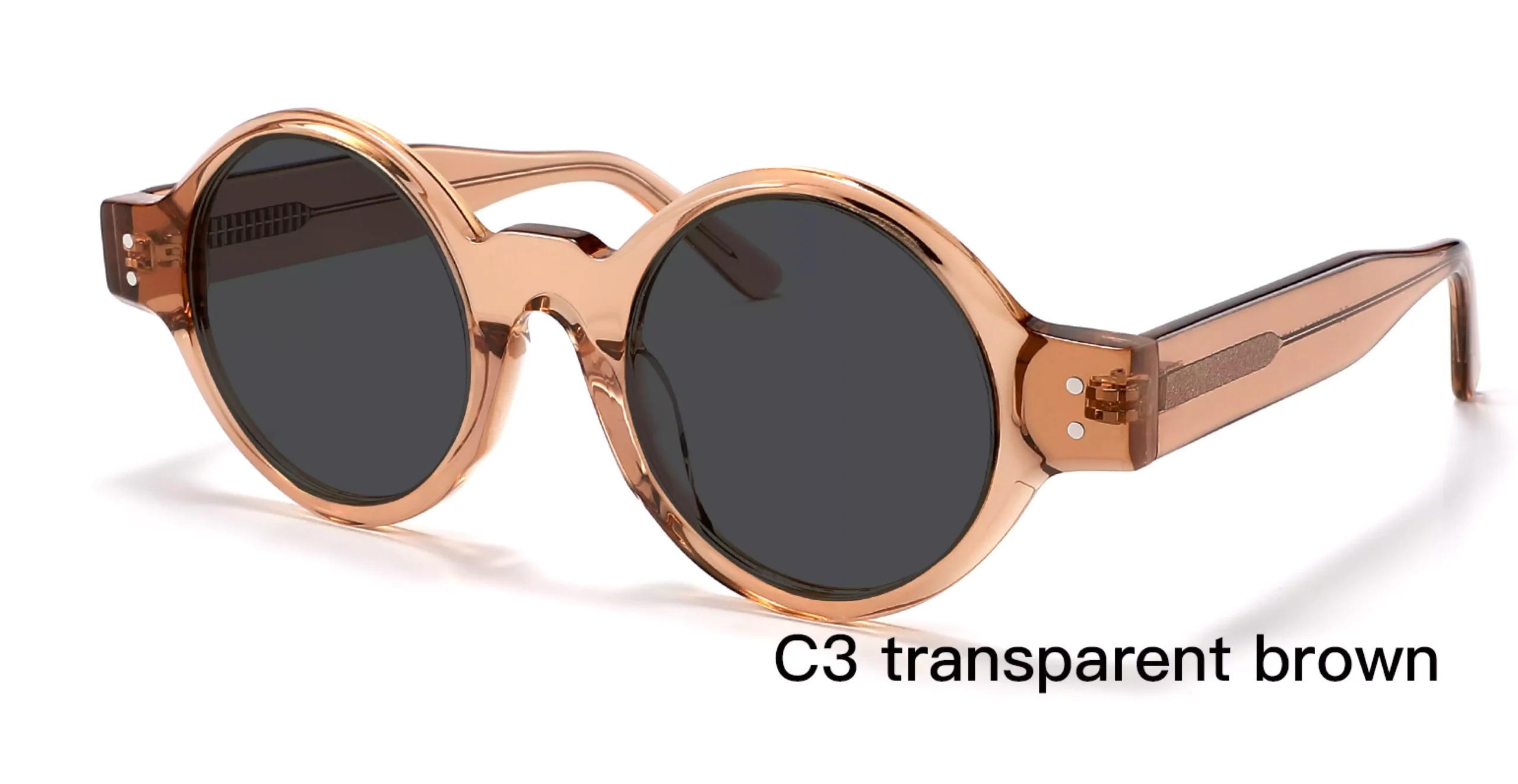 Japanese sunglasses, designer design, acetate, round rivets, frosted wire core, round, transparent brown, black lens, 45 degree display, wholesale