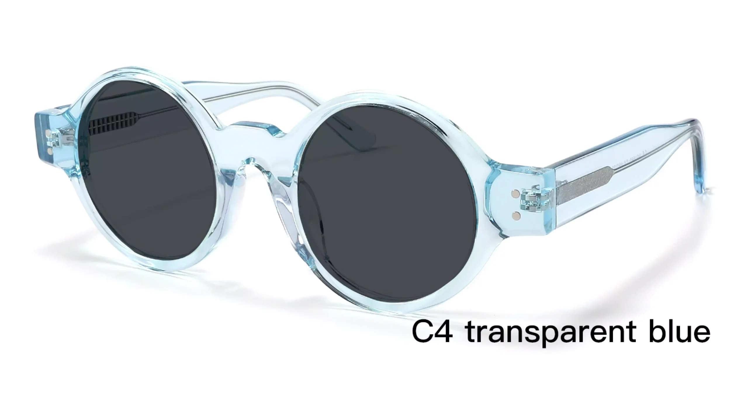 Japanese sunglasses, designer design, acetate, round rivets, frosted wire core, round, transparent blue, black lens, 45 degree display, wholesale