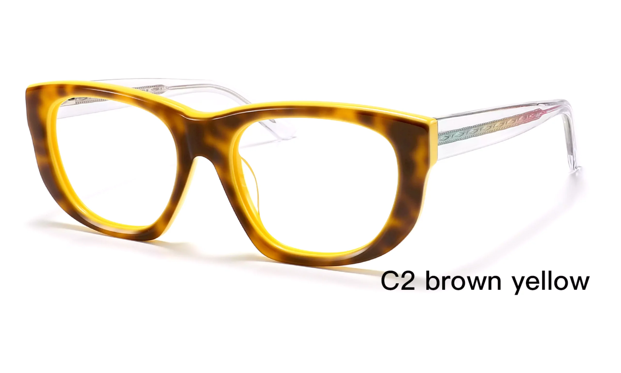 Wholesale, brown yellow, Clear temple, Oval, Eyeglass Frames,45 degree display, laser engraved wire core, gradient, diamond patterns