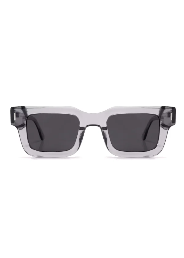 acetate sunglasses, wholesale, transparent grey, strip rivets, dark grey lens, square, made in Wenzhou, Zhejiang, China