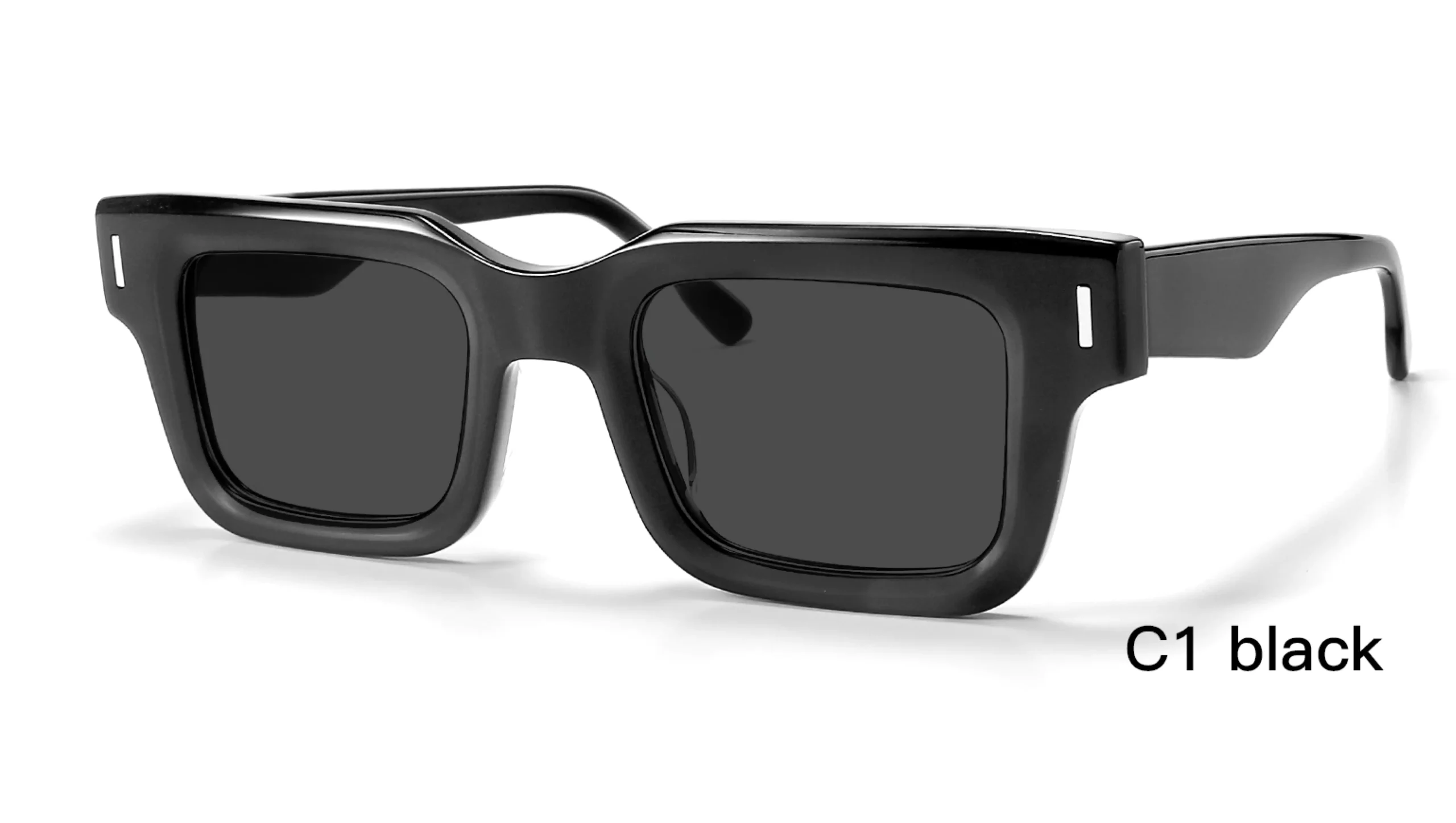 acetate sunglasses, wholesale, black, strip rivets, dark grey lens, square, 45 degree display,made in Wenzhou, Zhejiang, China