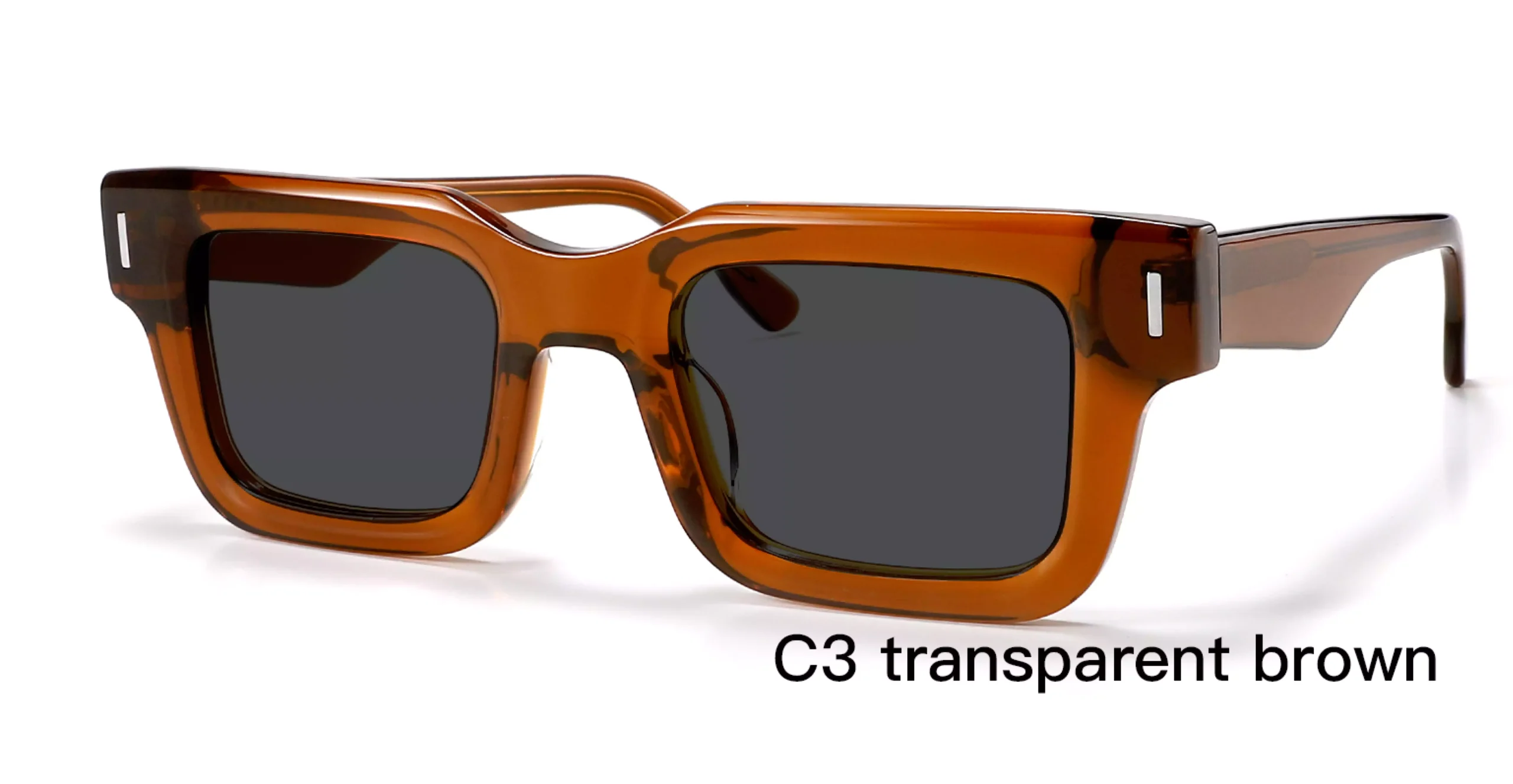 acetate sunglasses, wholesale, transparent brown, strip rivets, dark grey lens, square, 45 degree display,made in Wenzhou, Zhejiang, China