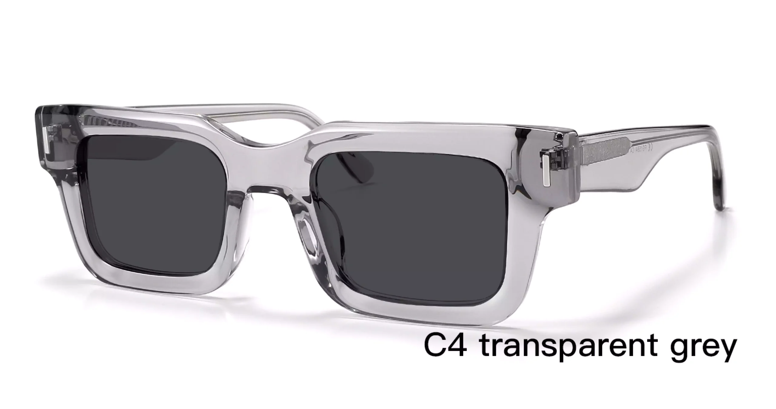 acetate sunglasses, wholesale, transparent grey, strip rivets, dark grey lens, square, frosted wire core, 45 degree display,made in Wenzhou, Zhejiang, China