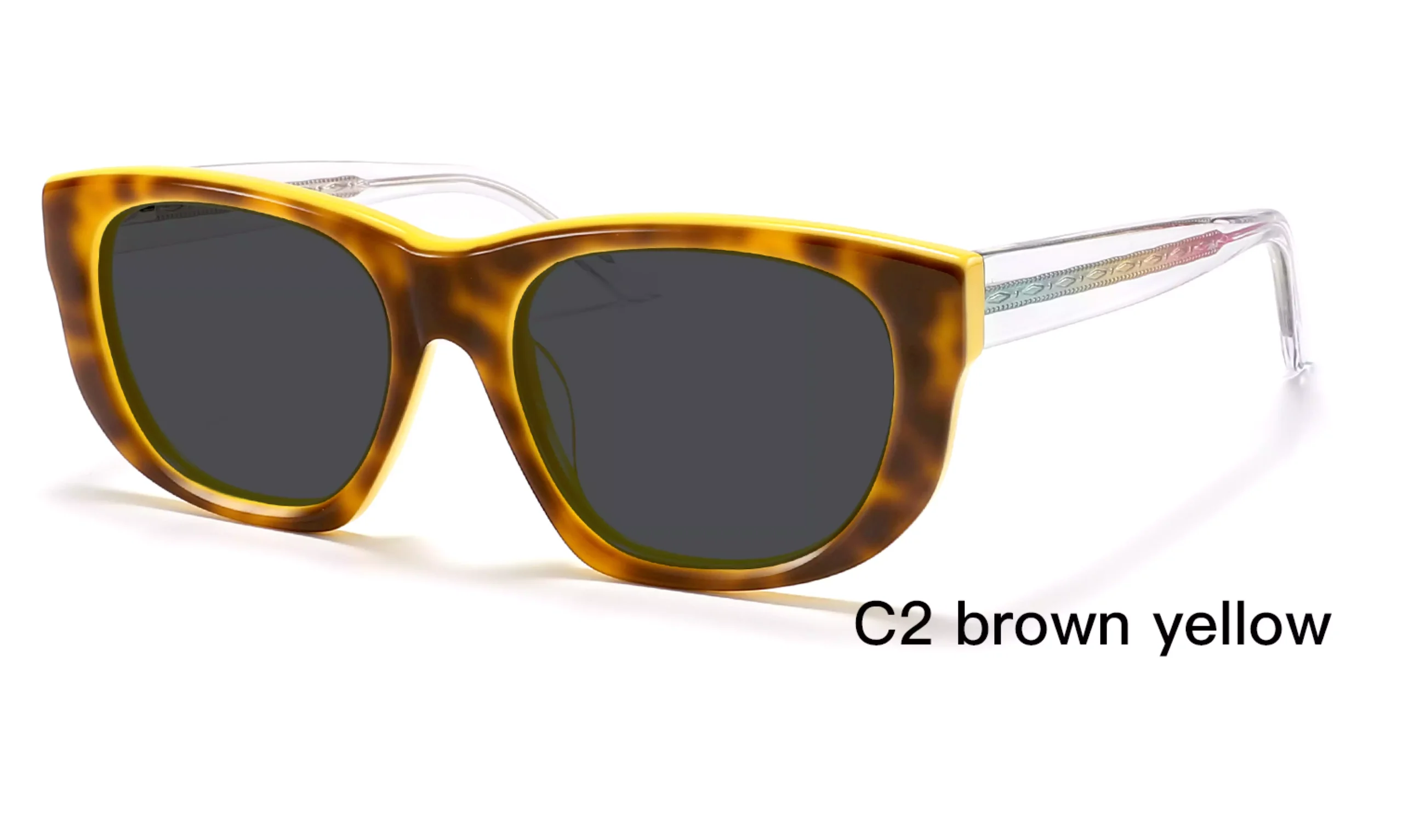 Wholesale, brown yellow, Clear temple, Oval, Sunglasses,45 degree display, laser engraved wire core, gradient, diamond patterns