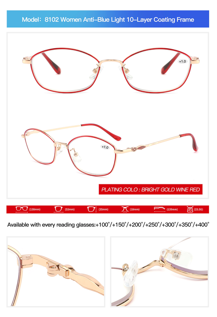 reading eyeglass, Model 8102, anti-blue light, 10-layer coating, metal, dimensions, Available degree, detail shooting, red, gold, Laser pattern