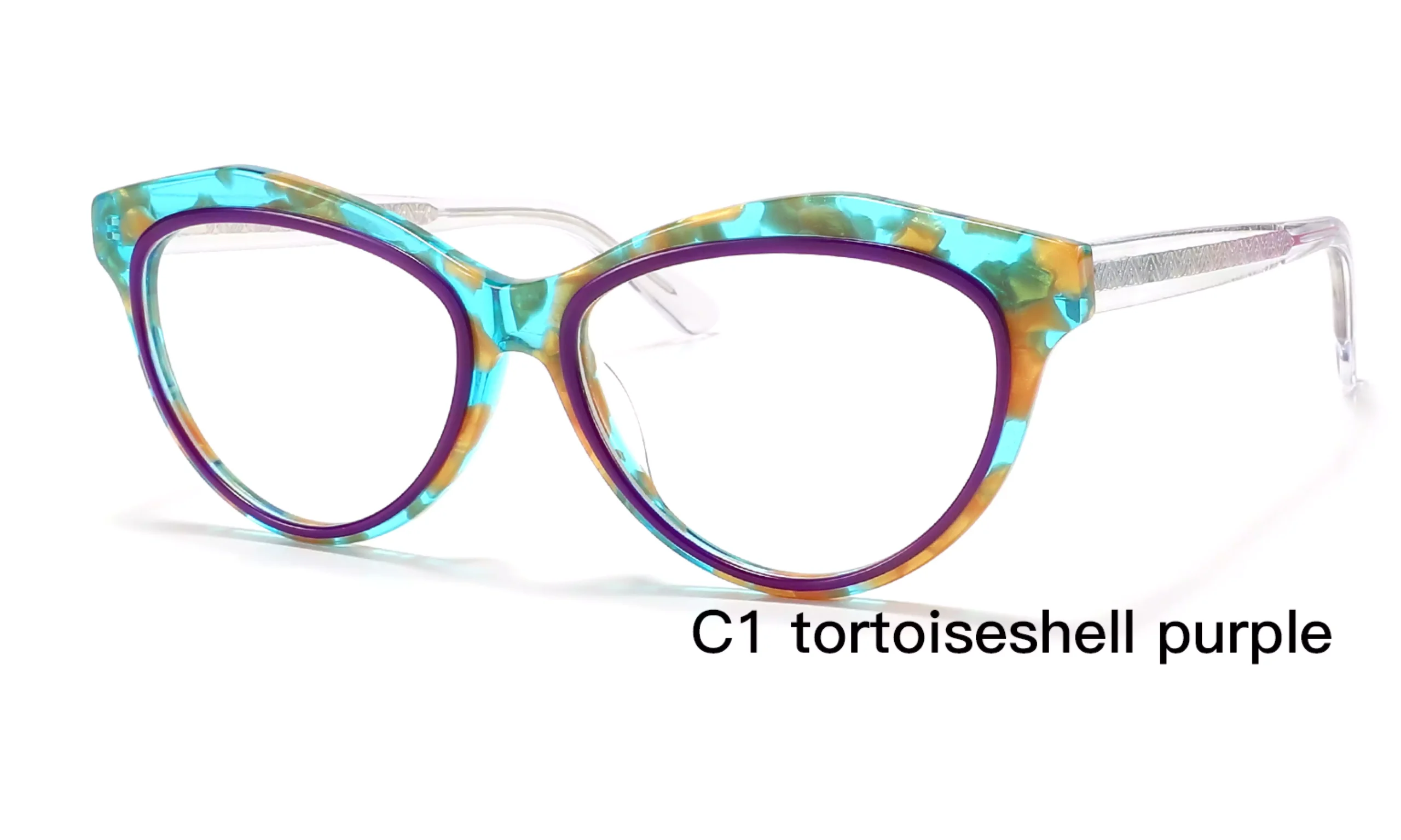 Wholesale, Cat Eye Frames, For Prescription Glasses, Tortoiseshell Purple, Gradient Temple, 45 Degree Display