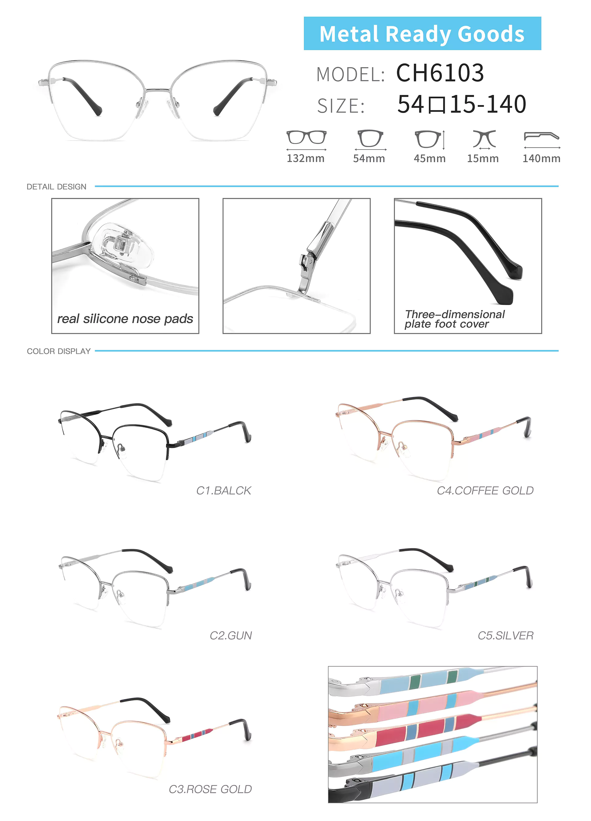 3D Printed Patterned Butterfly Eyeglass Frame CH6103 Dimension and Detail and Color Display