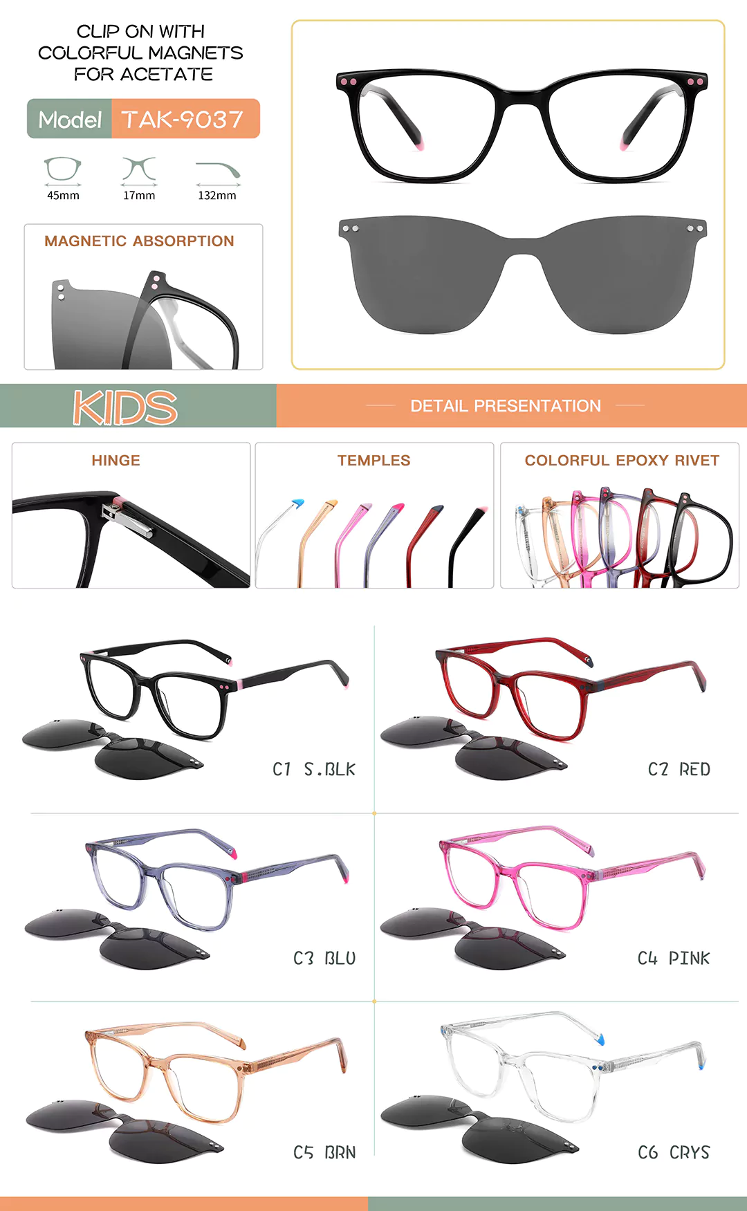 Children's Clip-On Glasses TAK9037 In Different Colors Sizes Detail Shots