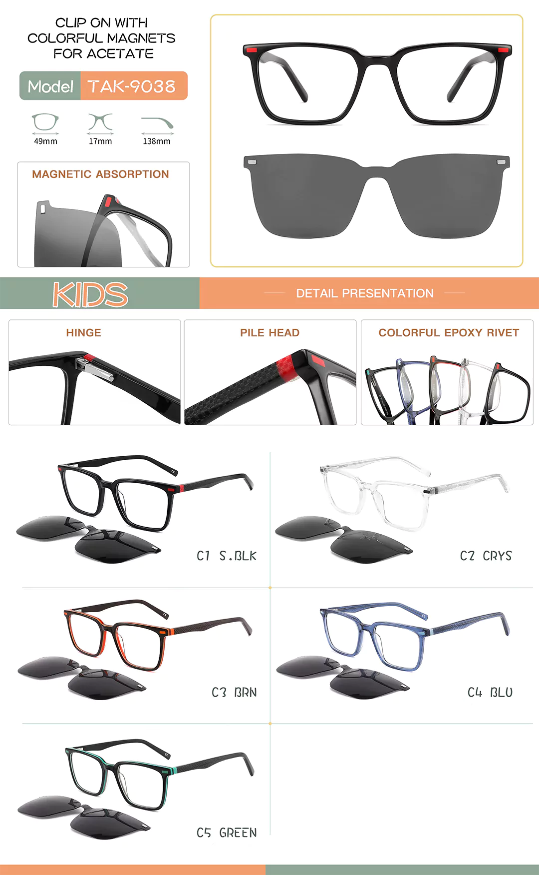 Children's Clip-On Glasses TAK9038 In Different Colors Sizes Detail Shots