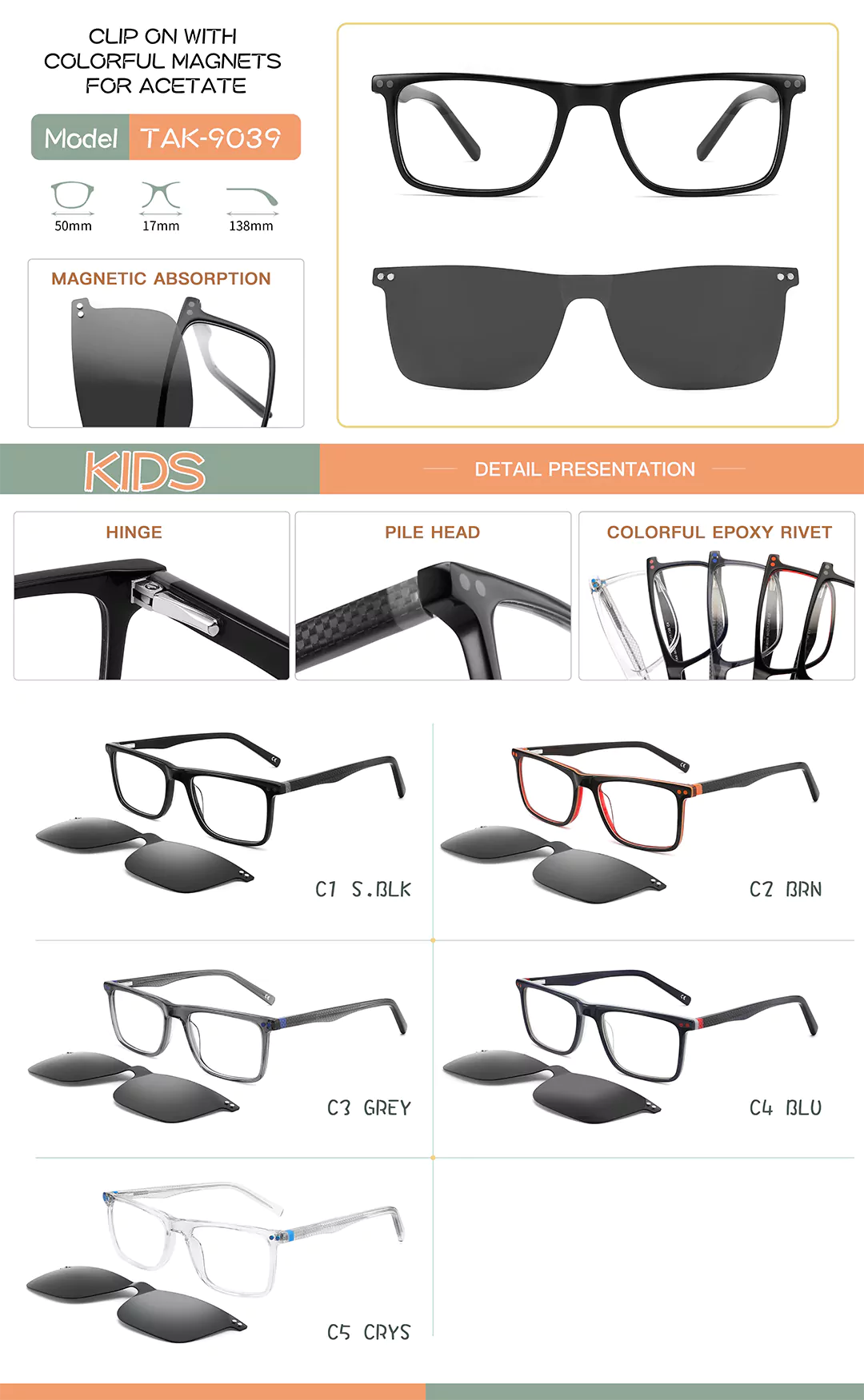 Children's Clip-On Glasses TAK9039 In Different Colors Sizes Detail Shots