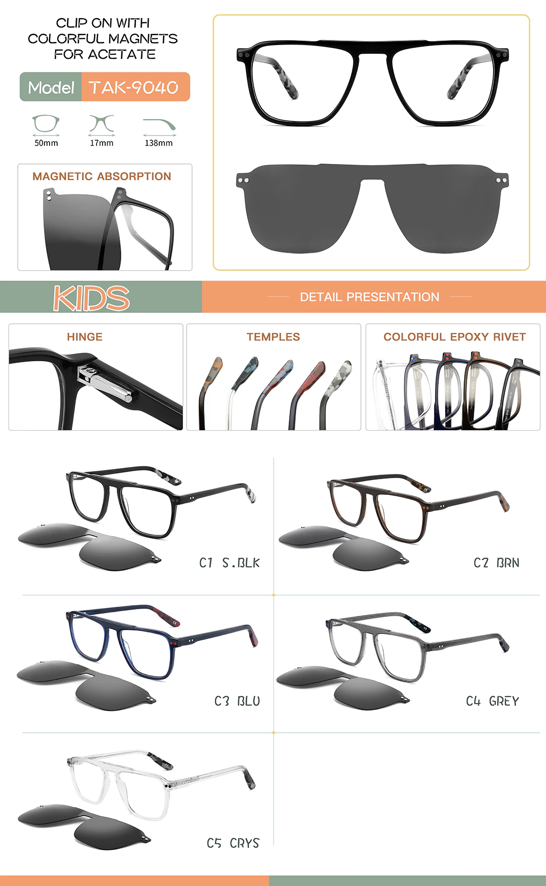 Children's Clip-On Glasses TAK9040 In Different Colors Sizes Detail Shots