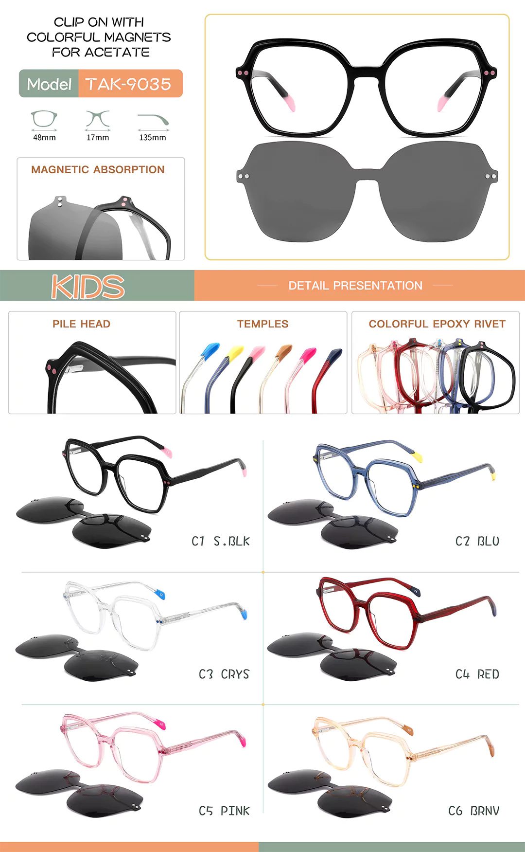 Children's clip-on set of eyeglasses TAK9035 in different colors show and detail shot
