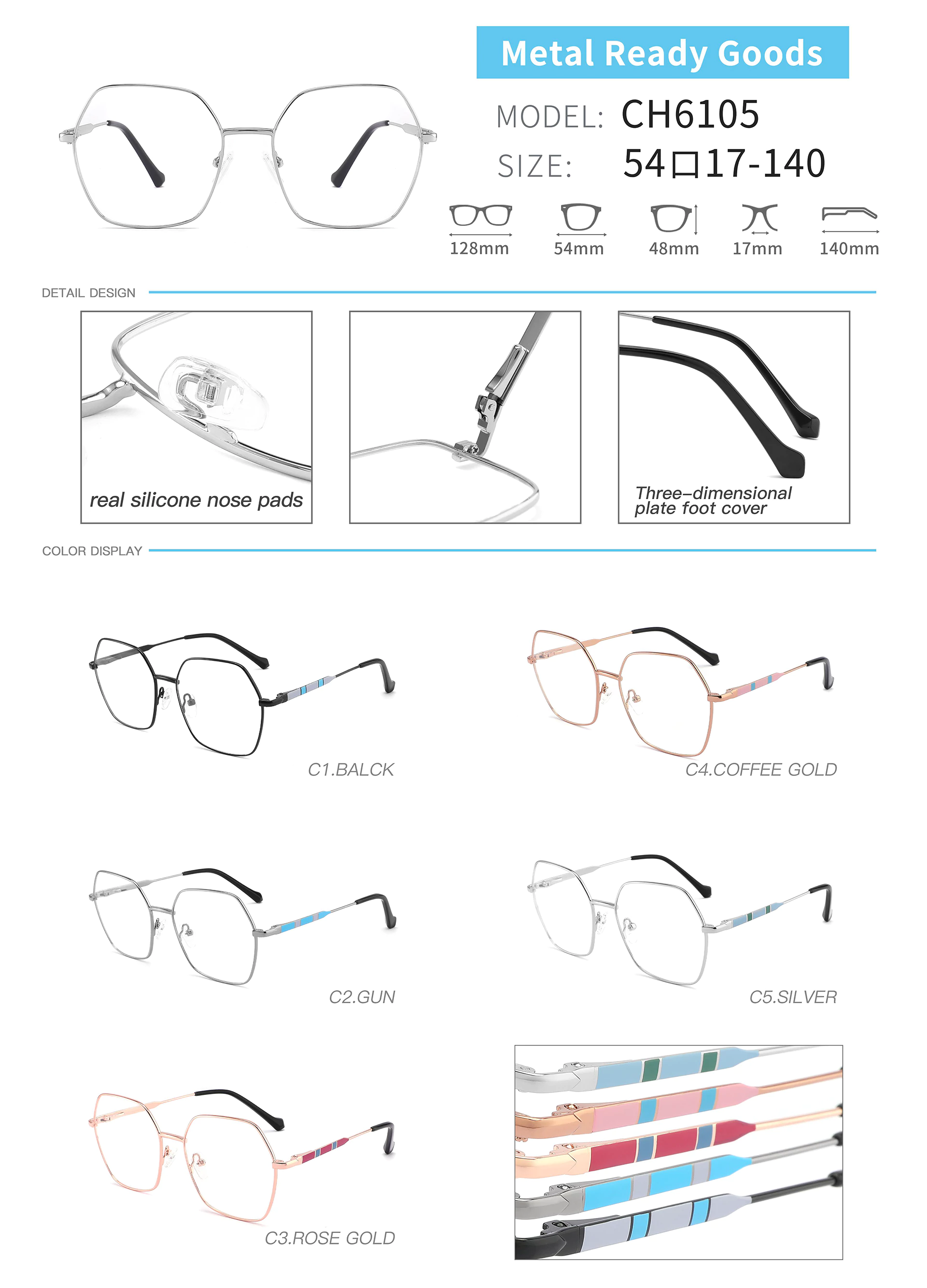 Eyeglass Frames CH6105 Dimension and Detail and Color Display