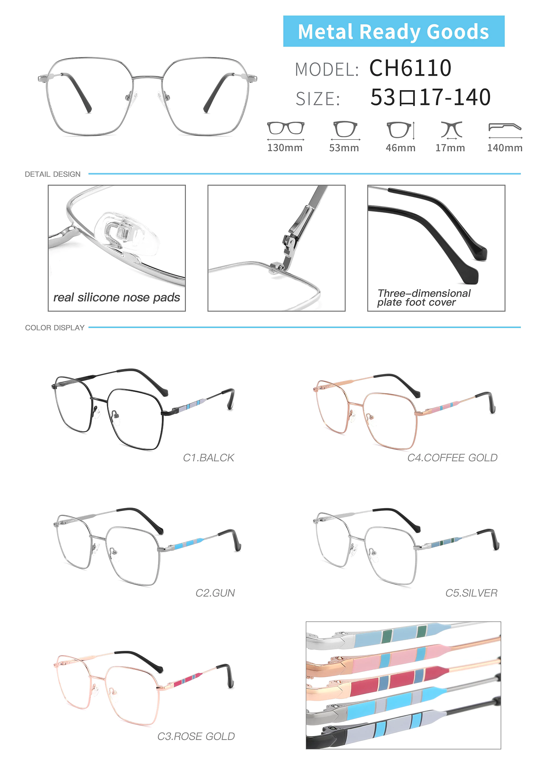 Glasses CH6110 Dimension and Detail and Color Display