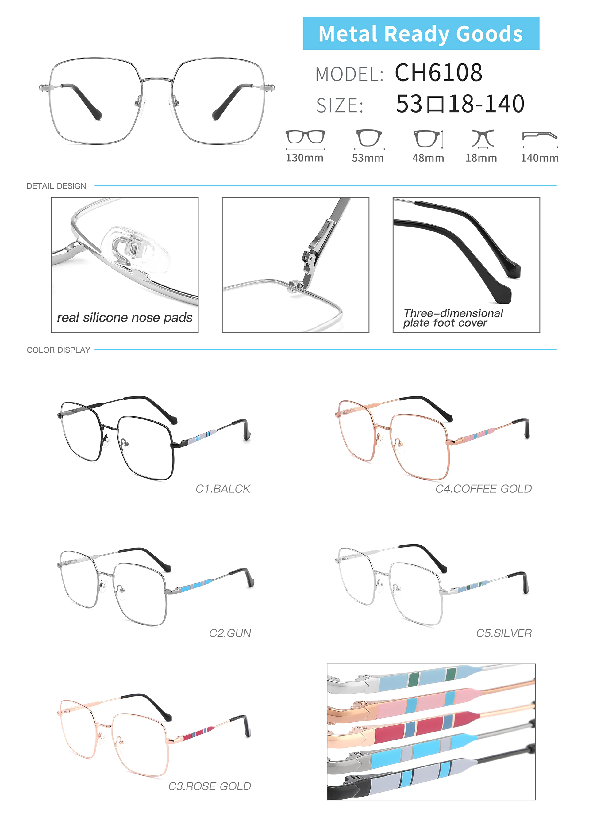 Glasses Frames CH6108 Dimension and Detail and Color Display