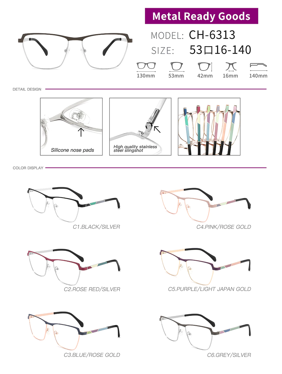 3D printed glasses CH-6313 in different colors, sizes and detail shots