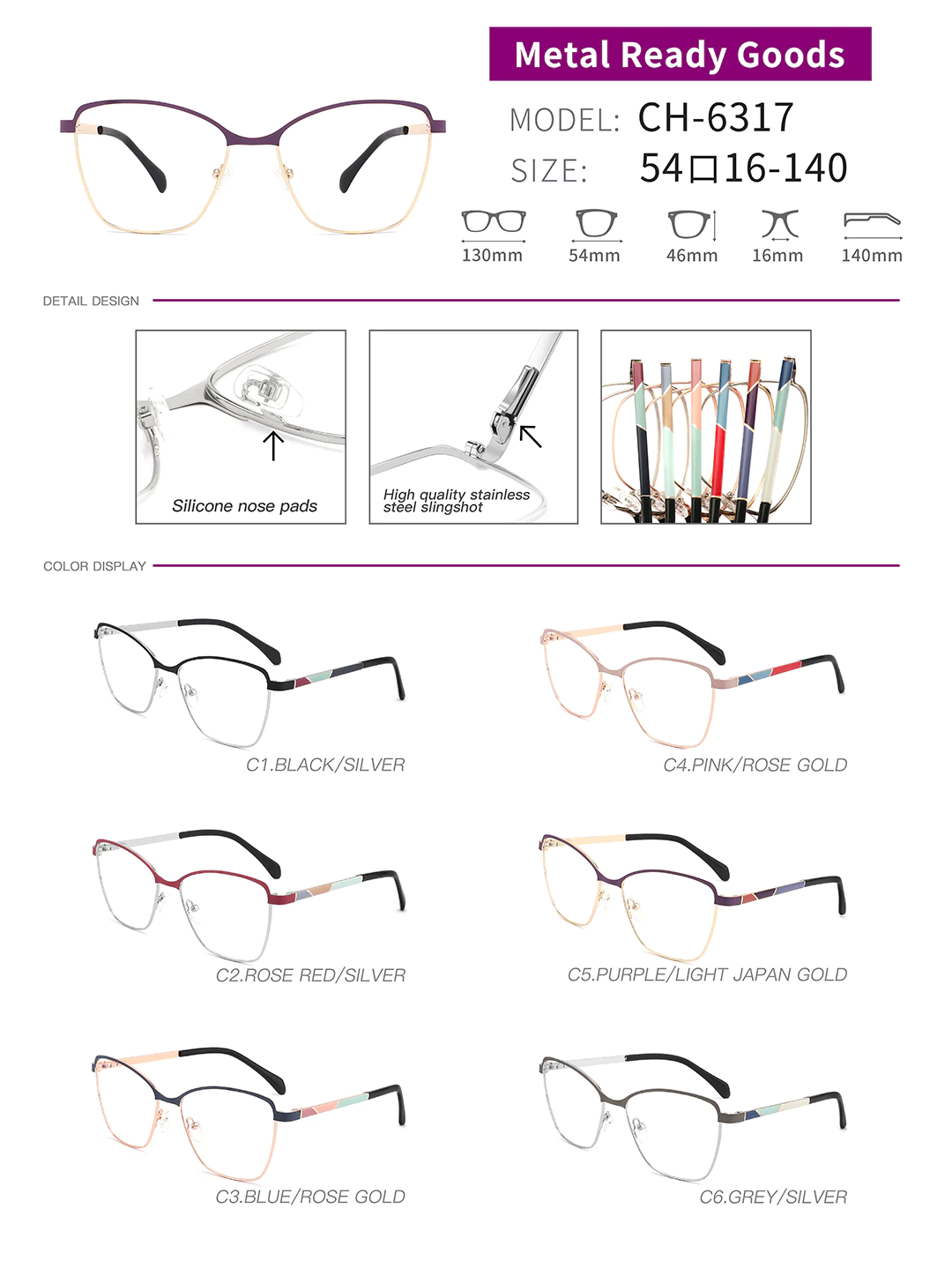 3D printed glasses CH-6317 in different colors, sizes and detail shots