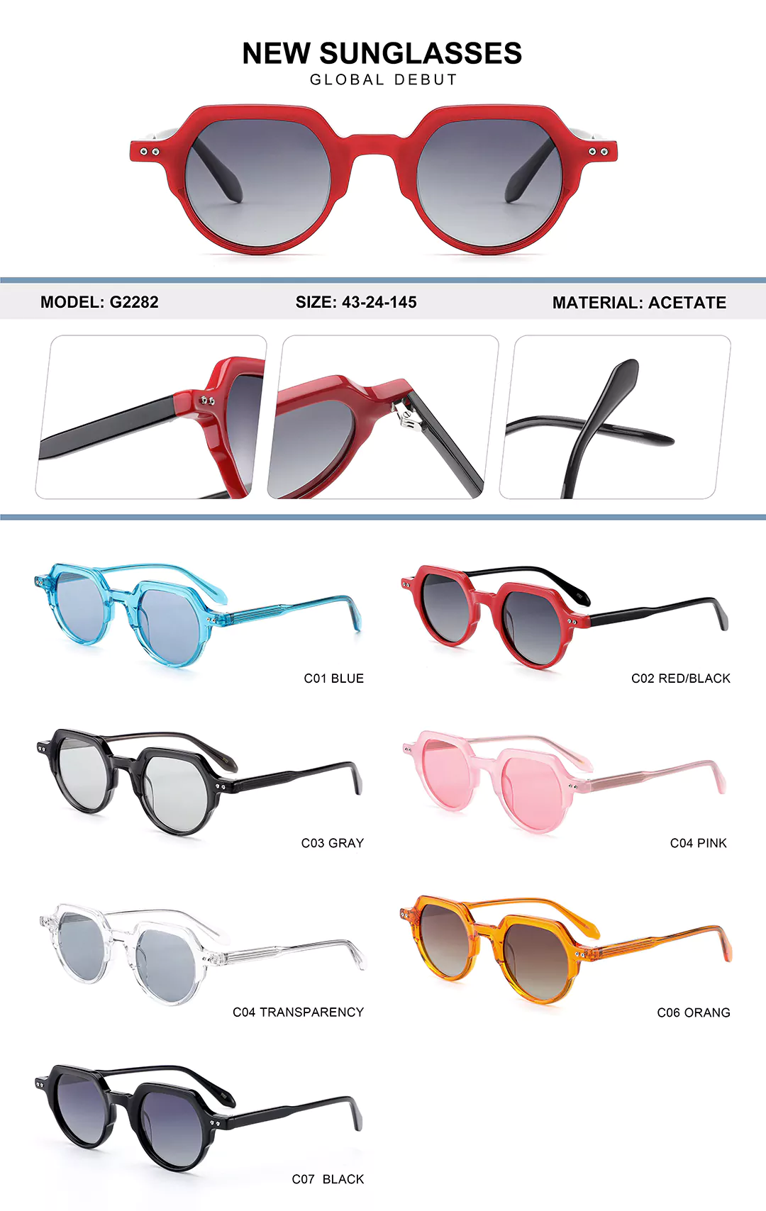 Children's Acetate Glasses G2282 Different colors shown, detail shots, size