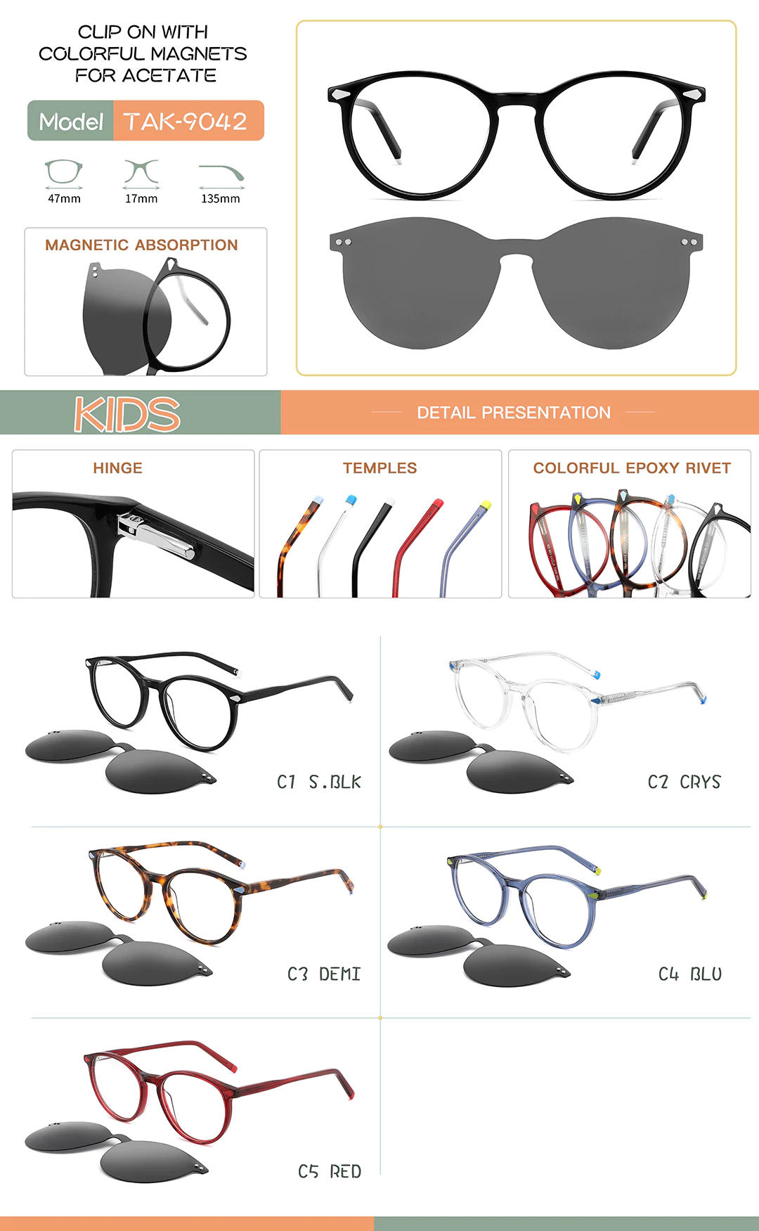 Children's Magnetic Clip-On Eyeglasses Set TAK9042 Sizes and Details Shot and Different Colors Shown